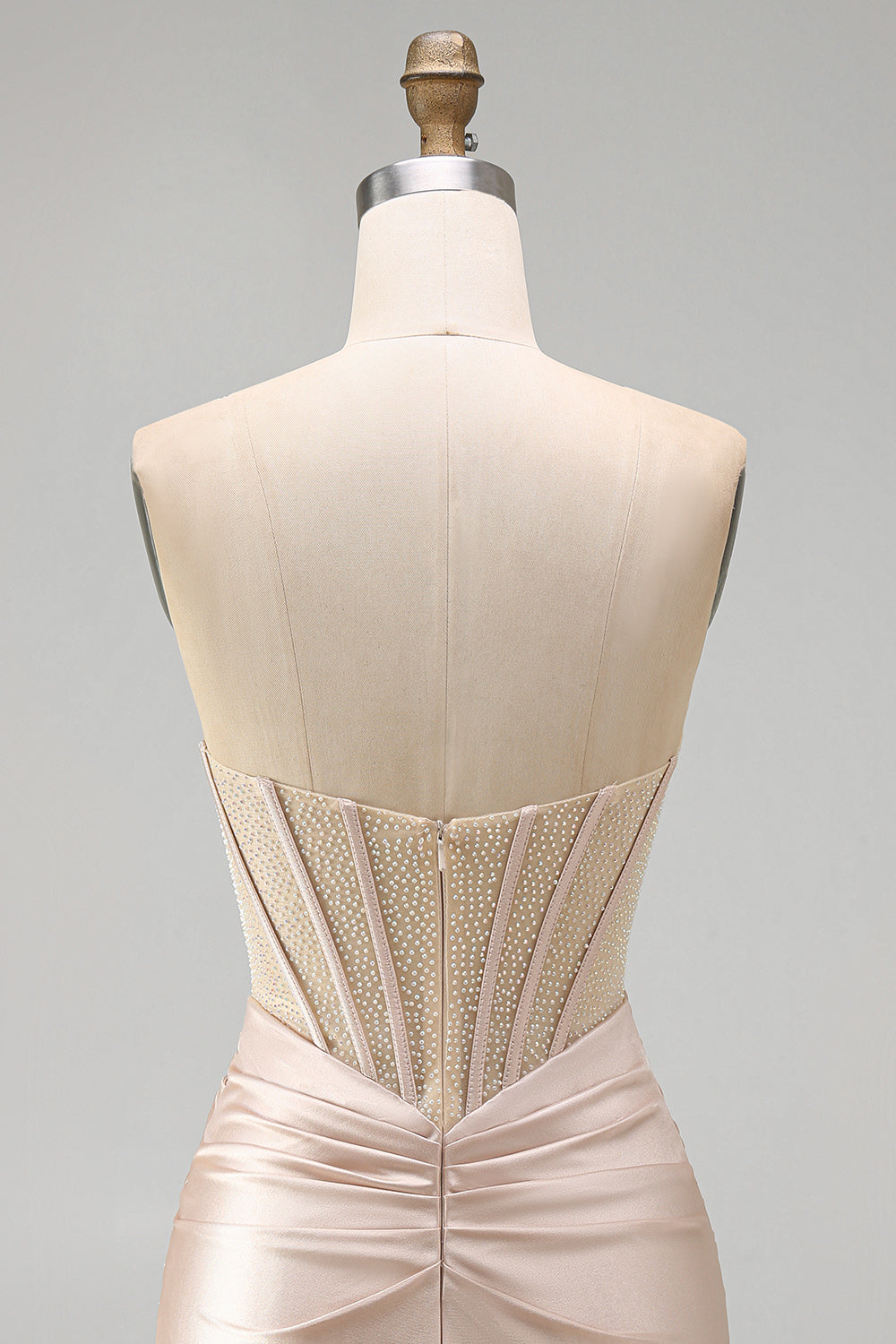 Champagne Sweetheart Satin Ruched Beaded Corset Short Prom Dress with Slit