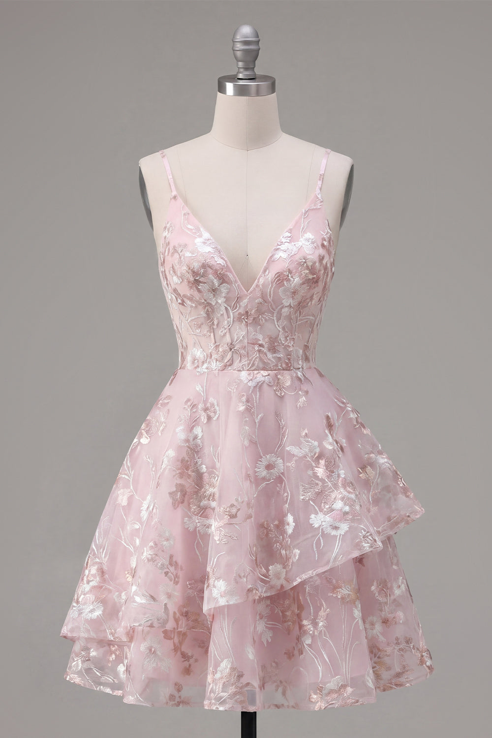 Vestido de Fiesta Floral Rosa en Corsé con Tirantes Espagueti y Corte A