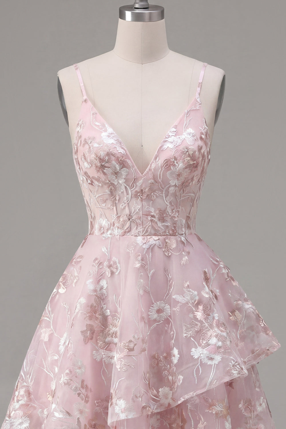 Vestido de Fiesta Floral Rosa en Corsé con Tirantes Espagueti y Corte A