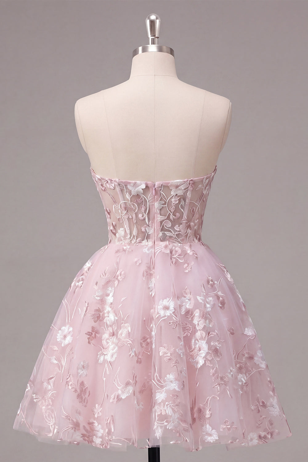 Strapless A-Line Pink Corset Floral Homecoming Dress