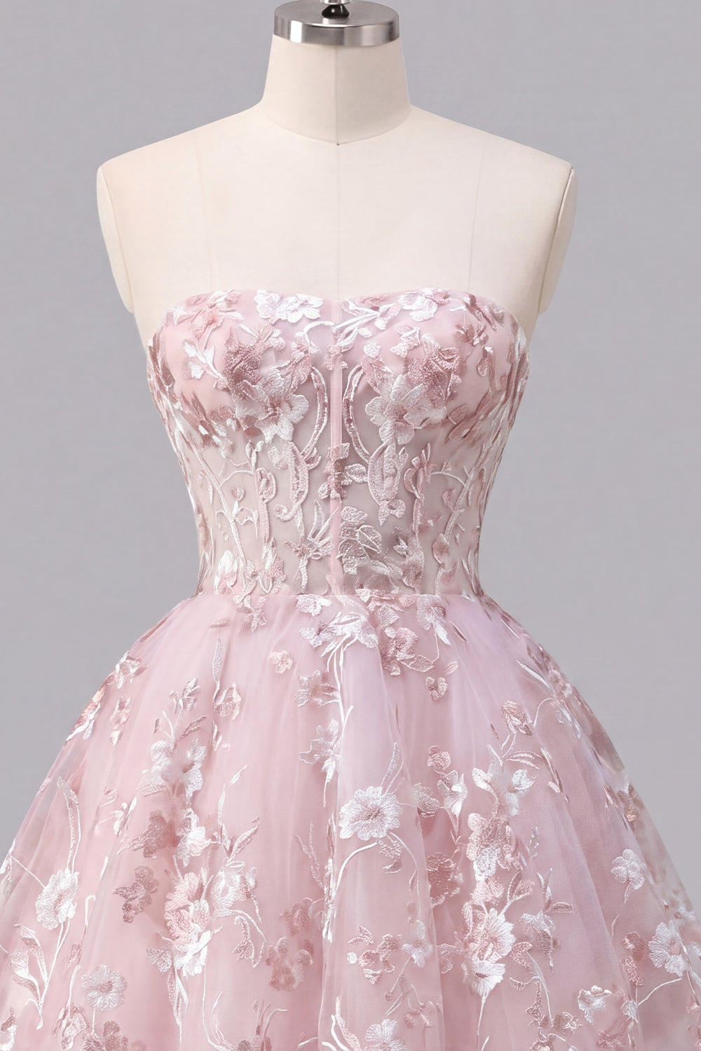 Strapless A-Line Pink Corset Floral Homecoming Dress