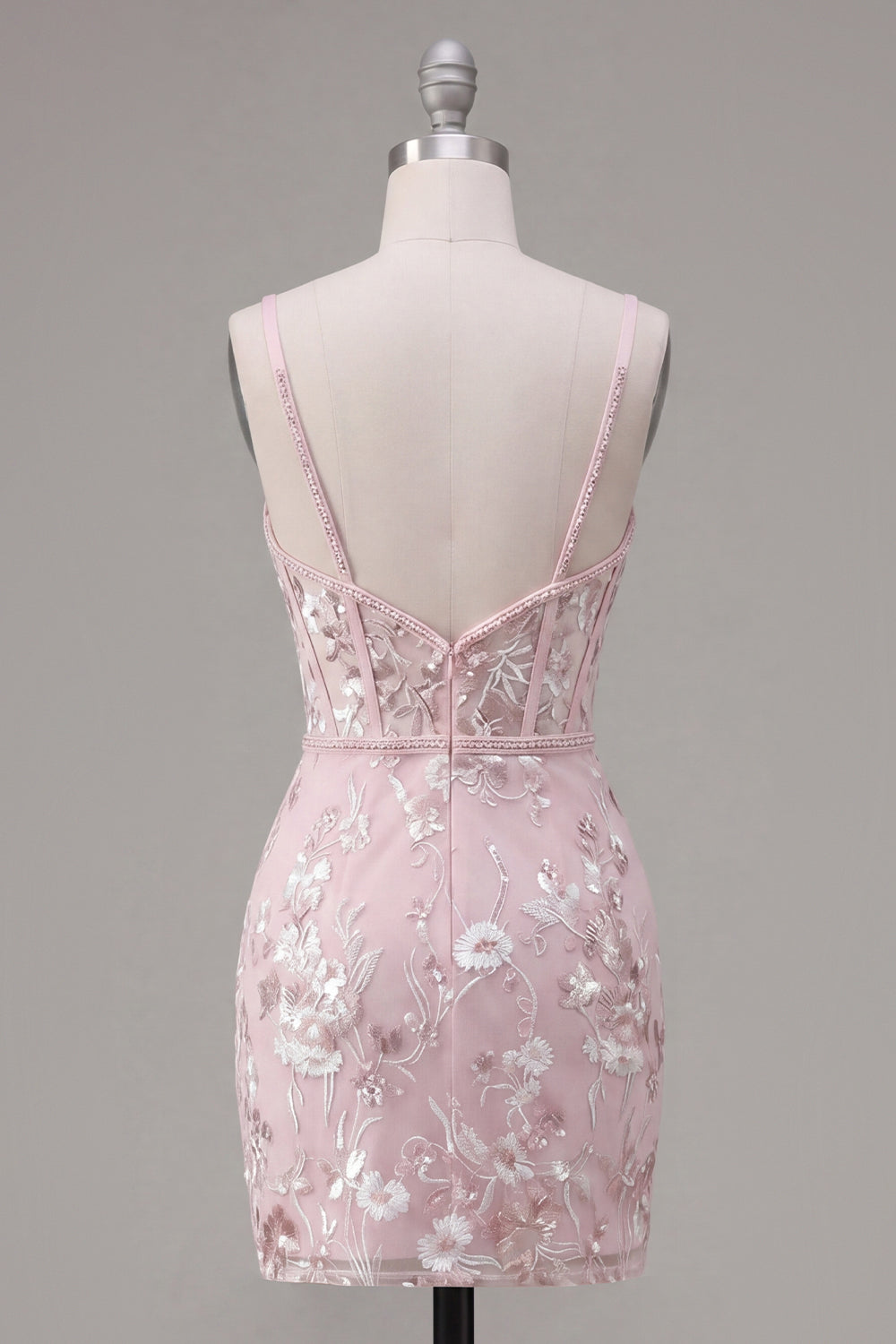 Pink Corset Bodycon Spaghetti Straps Floral Homecoming Dress