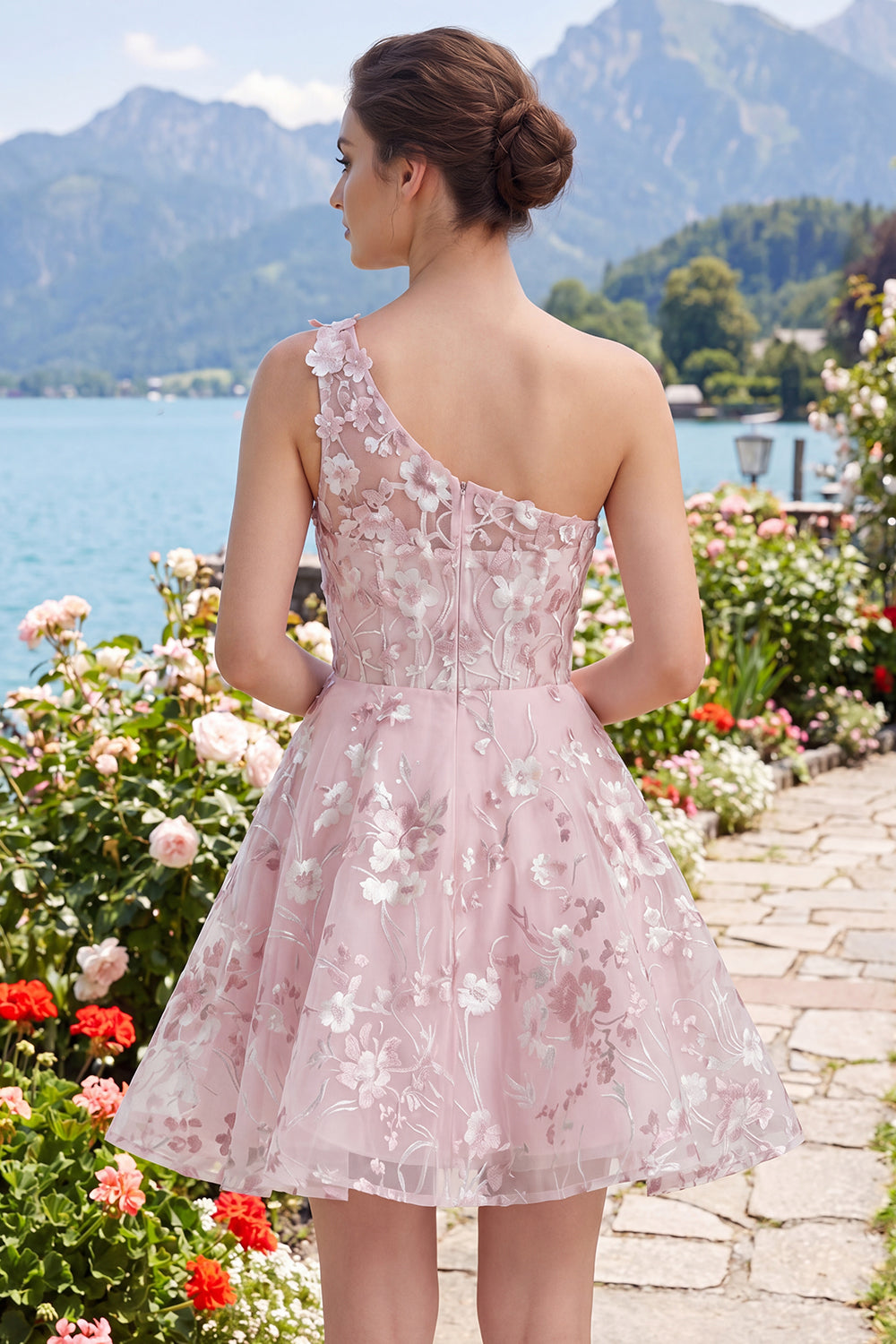 Robe de bal florale trapèze corset asymétrique rose