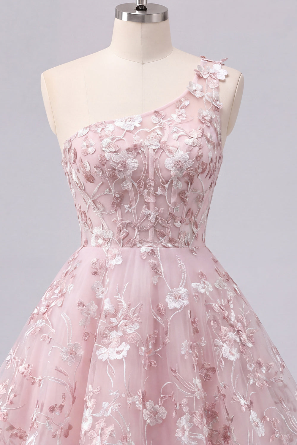 Robe de bal florale trapèze corset asymétrique rose