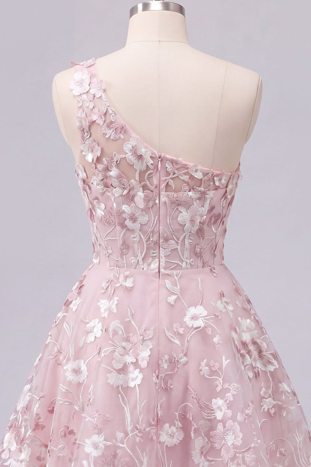 Robe de bal florale trapèze corset asymétrique rose