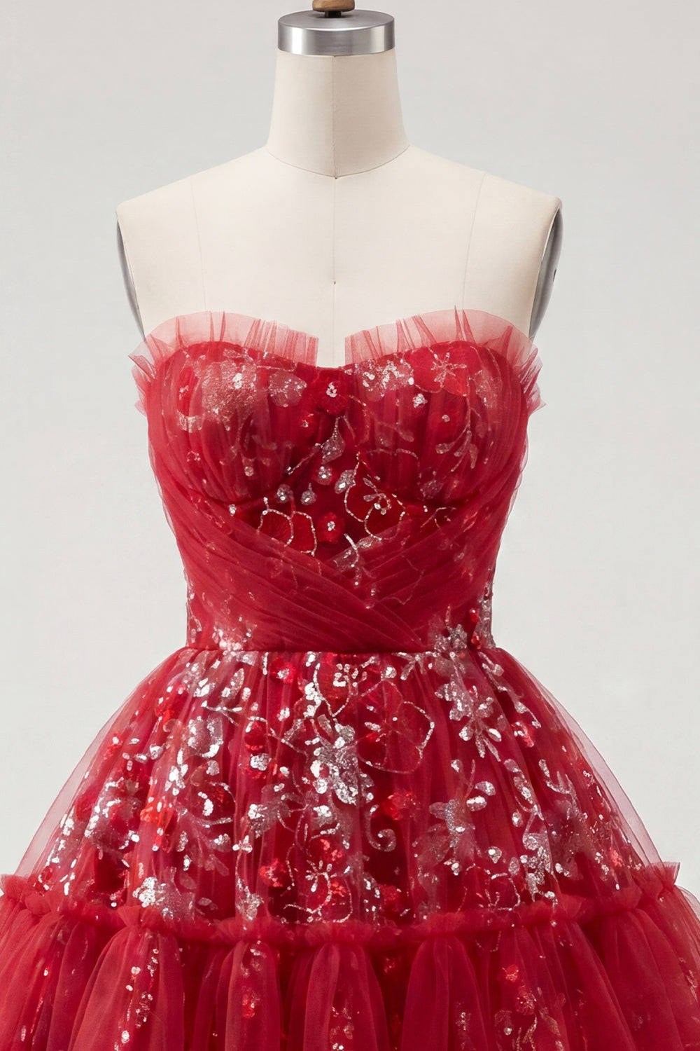 Sparkly Red A Line Short Beaded Ruched Floral Homecoming Dress with Ruffles