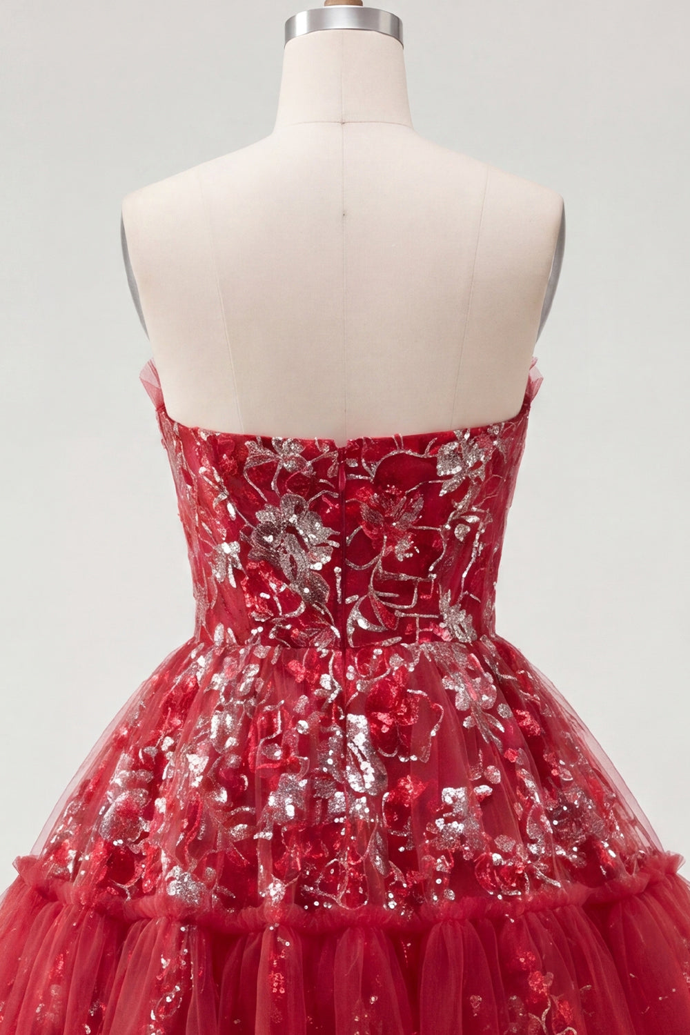 Sparkly Red A Line Short Beaded Ruched Floral Homecoming Dress with Ruffles