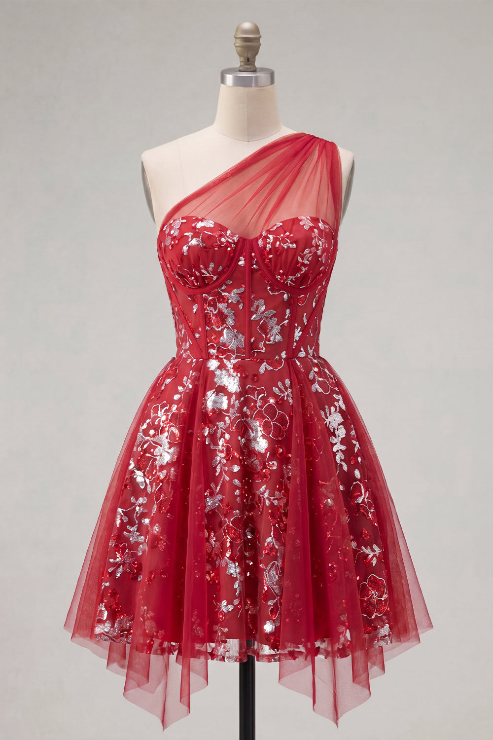 Robe de bal courte évasée rouge pailletée à fleurs avec corset perlé et volants