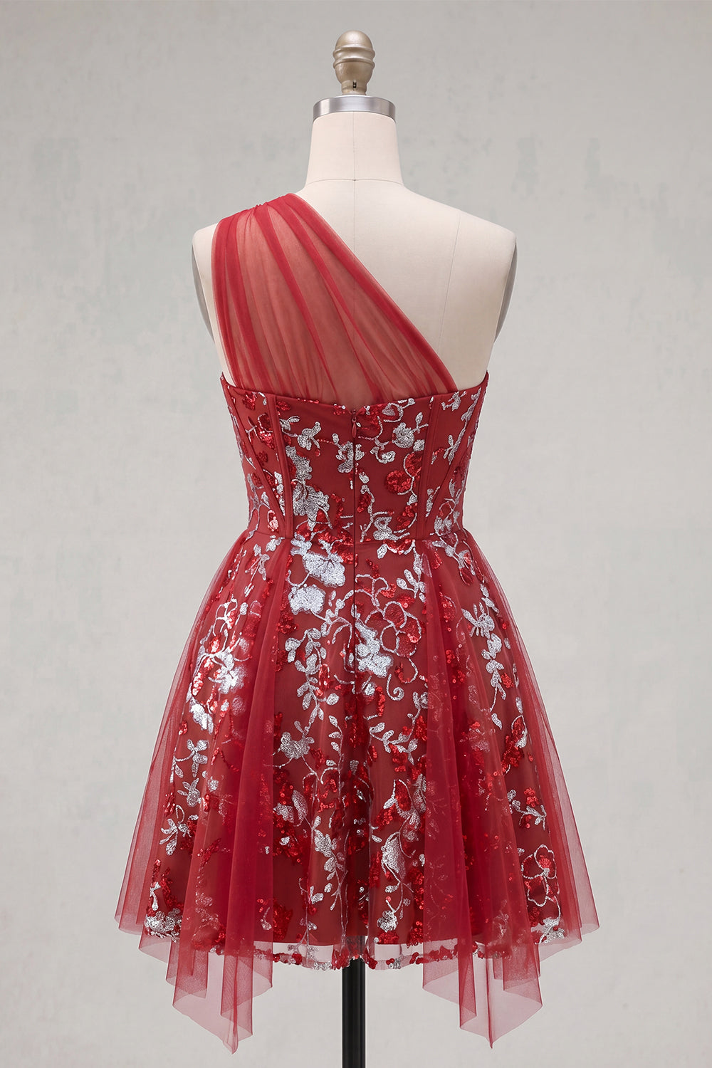 Robe de bal courte évasée rouge pailletée à fleurs avec corset perlé et volants