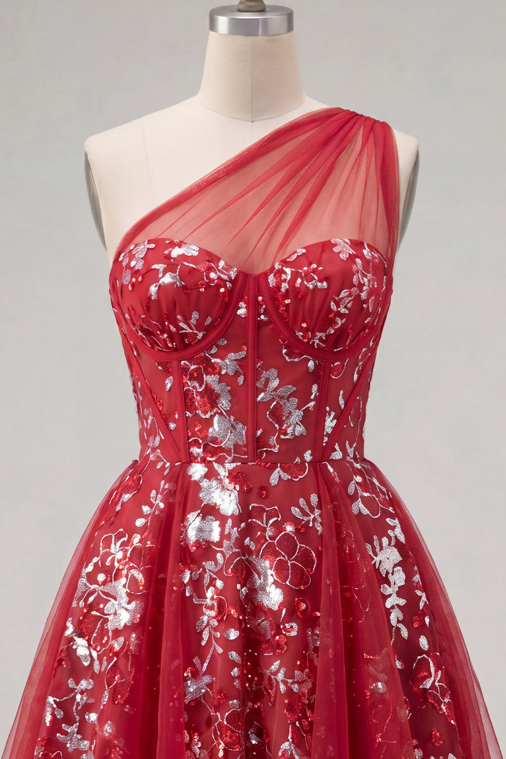 Robe de bal courte évasée rouge pailletée à fleurs avec corset perlé et volants