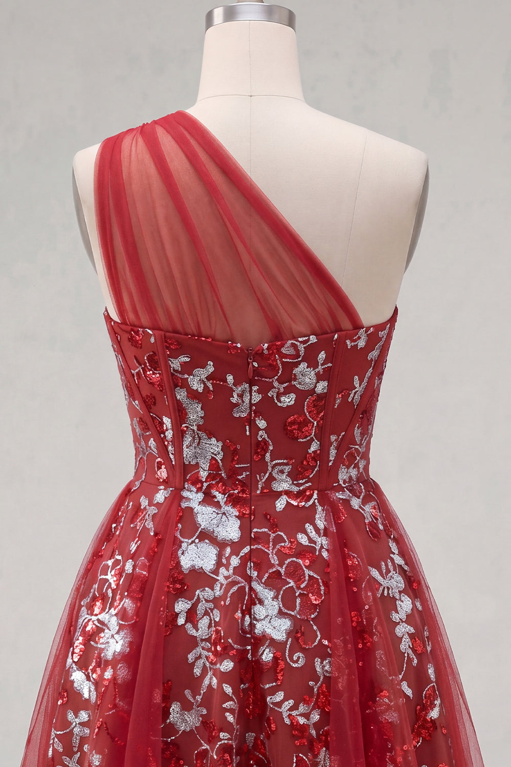 Robe de bal courte évasée rouge pailletée à fleurs avec corset perlé et volants