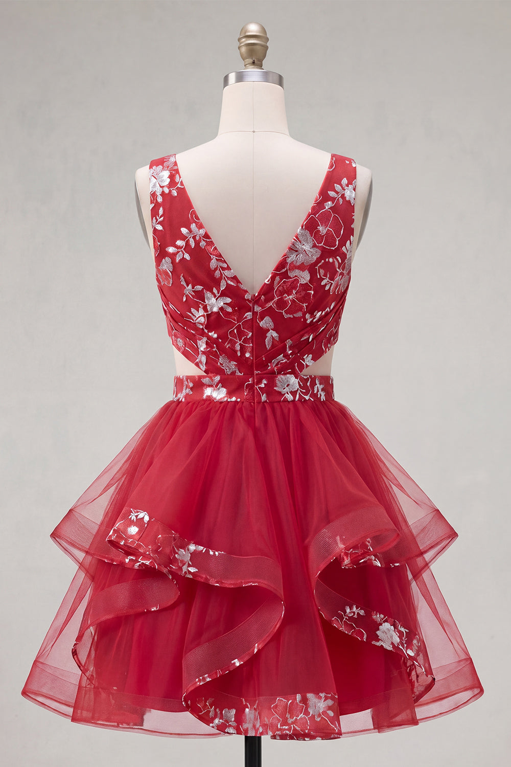 Red Ruched Floral Cut Out A Line Short Homecoming Dress with Ruffles