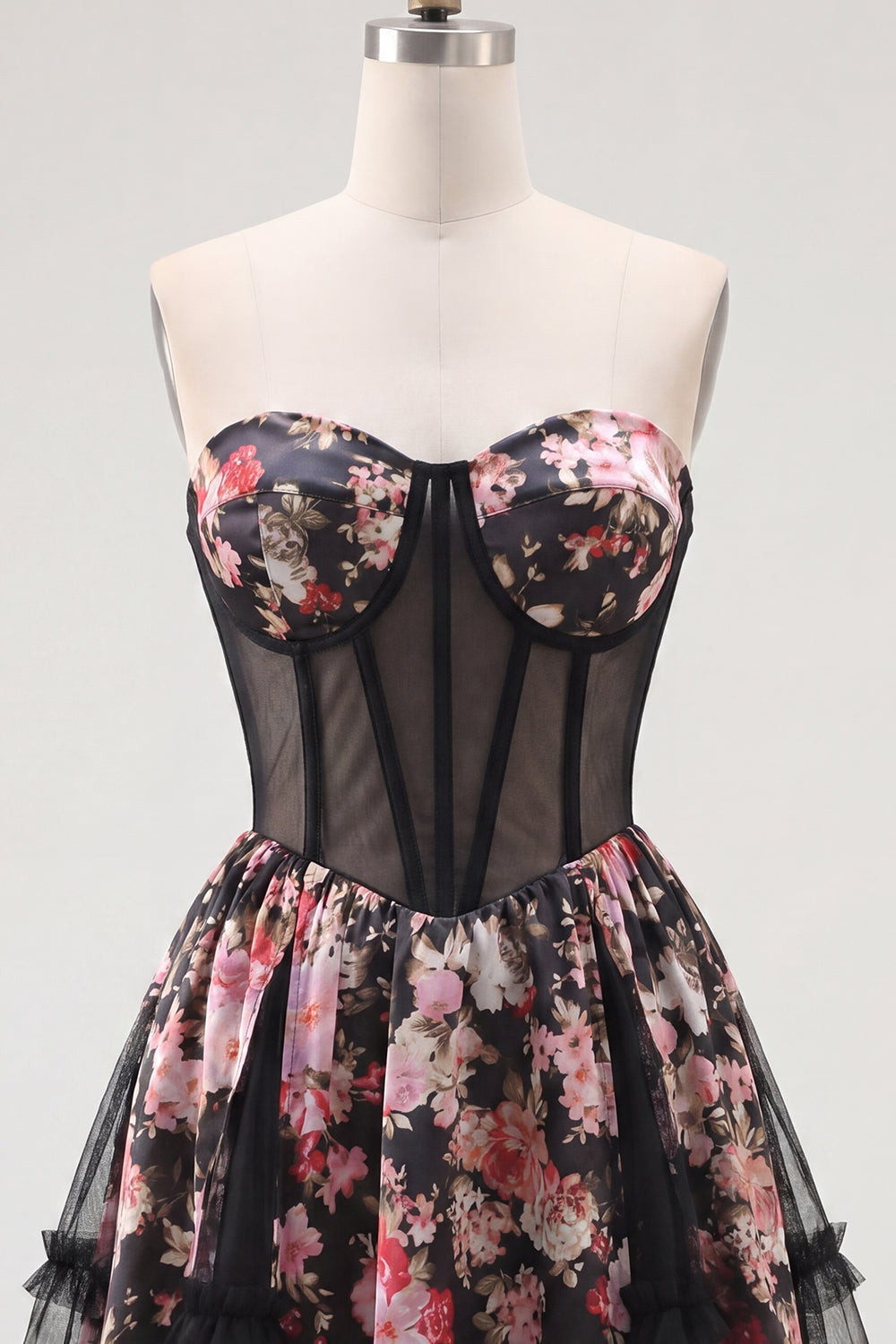 Robe de bal courte bustier trapèze corset fleur rose noir
