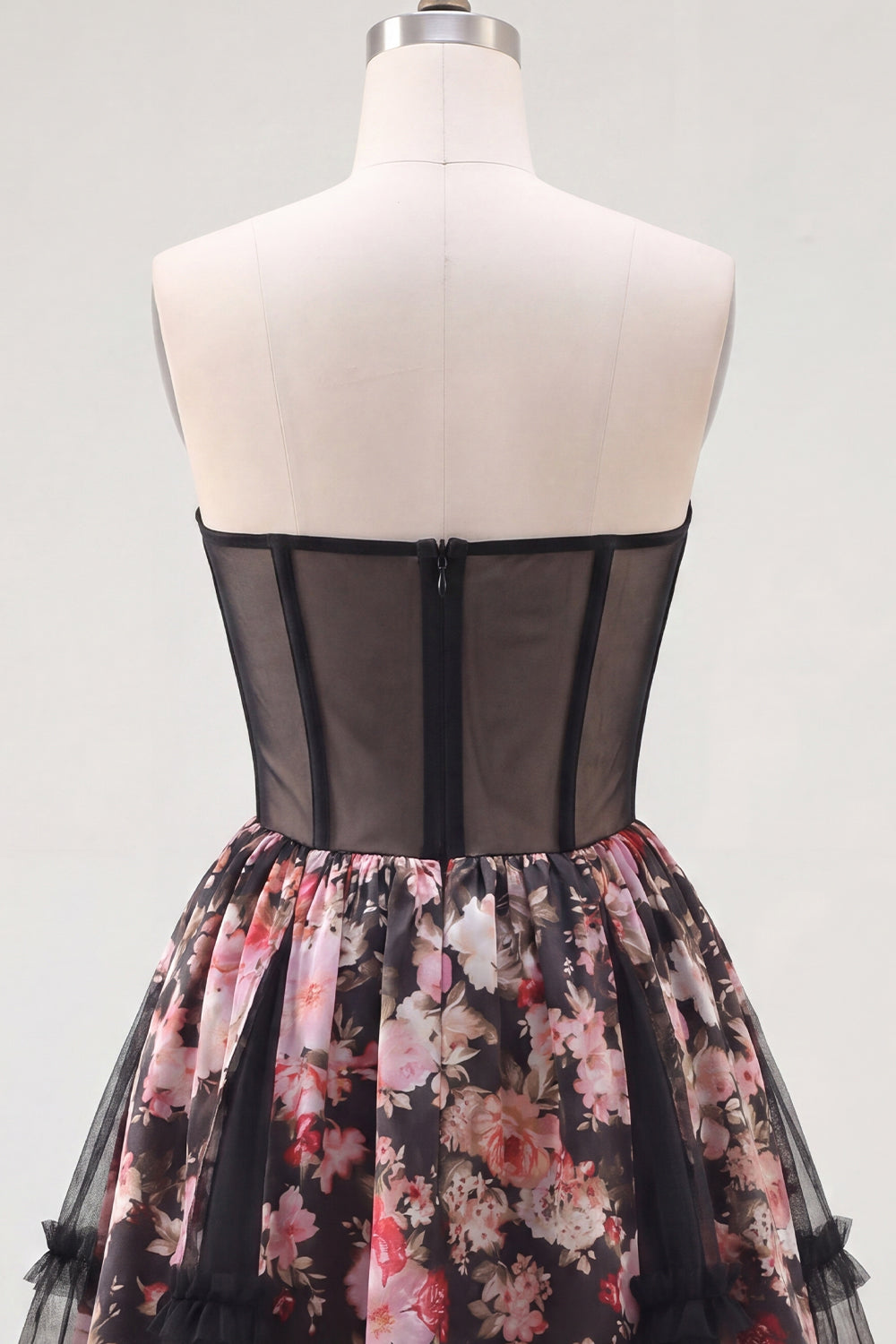 Robe de bal courte bustier trapèze corset fleur rose noir