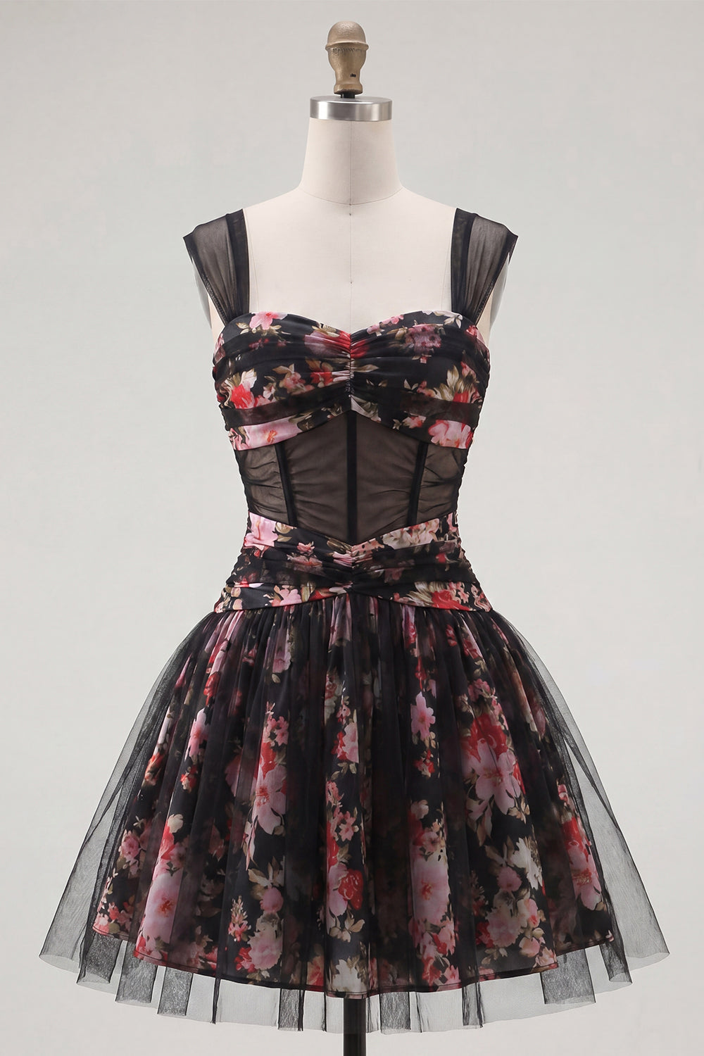 Black Pink Floral A-Line Ruched Short Corset Homecoming Dress