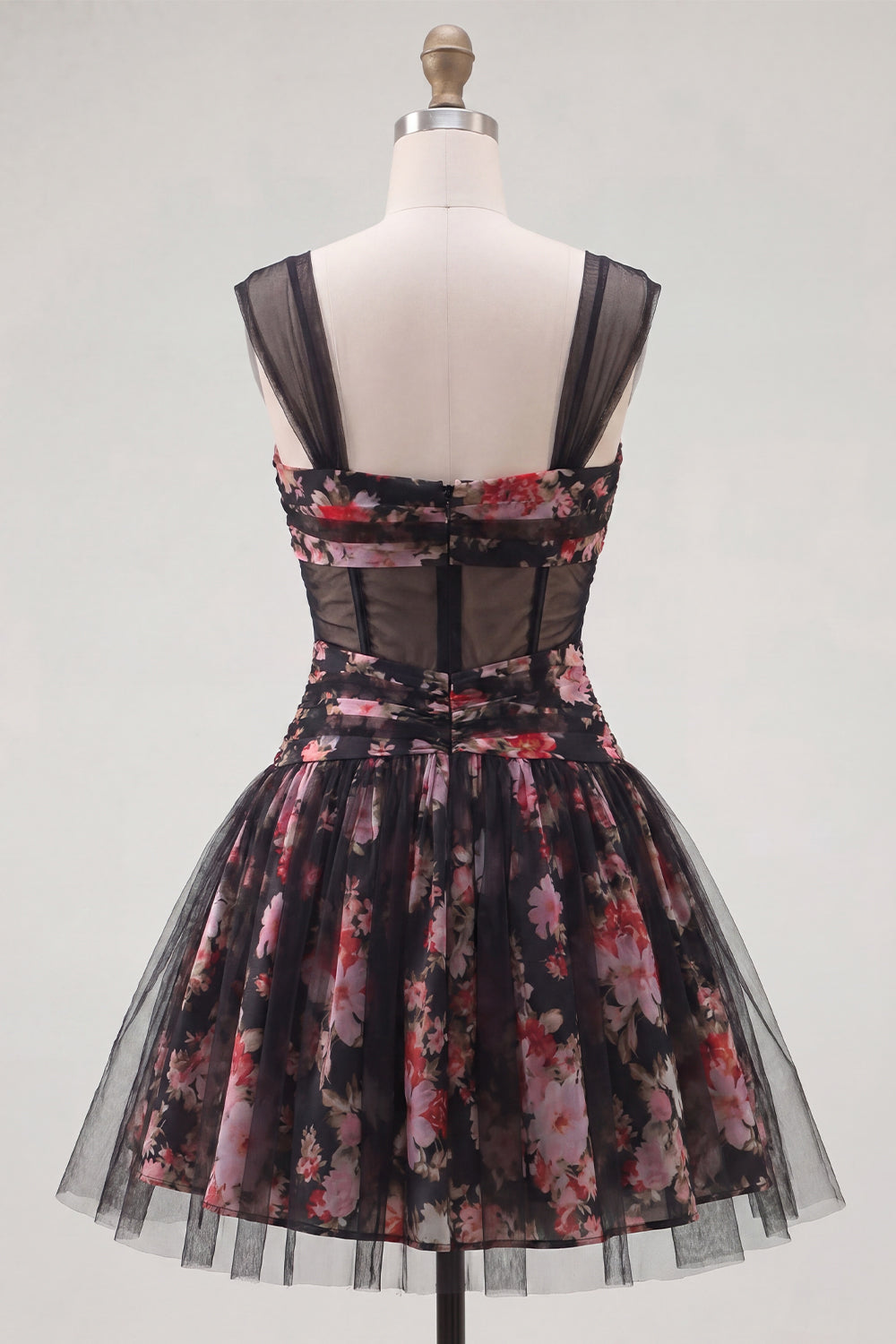 Black Pink Floral A-Line Ruched Short Corset Homecoming Dress