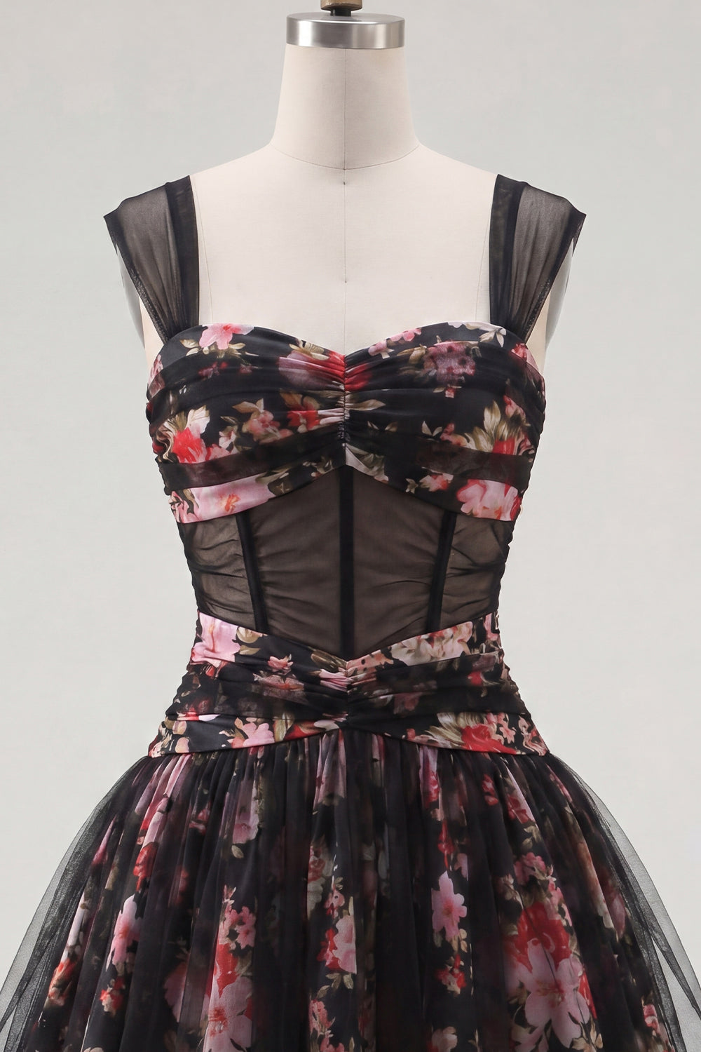 Black Pink Floral A-Line Ruched Short Corset Homecoming Dress