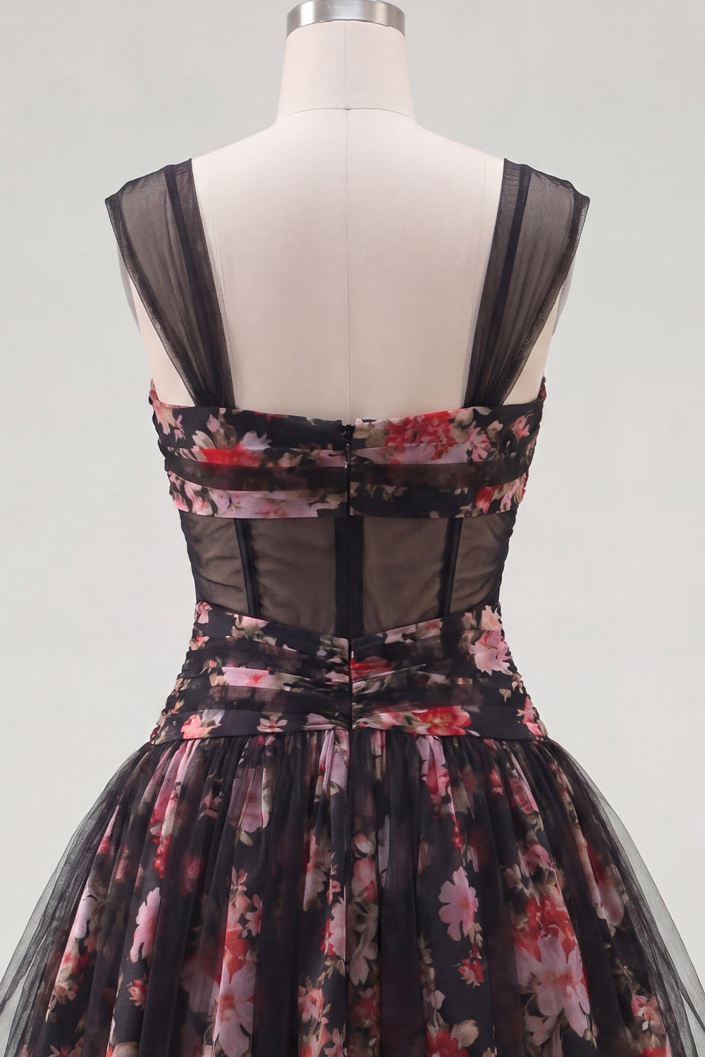 Black Pink Floral A-Line Ruched Short Corset Homecoming Dress