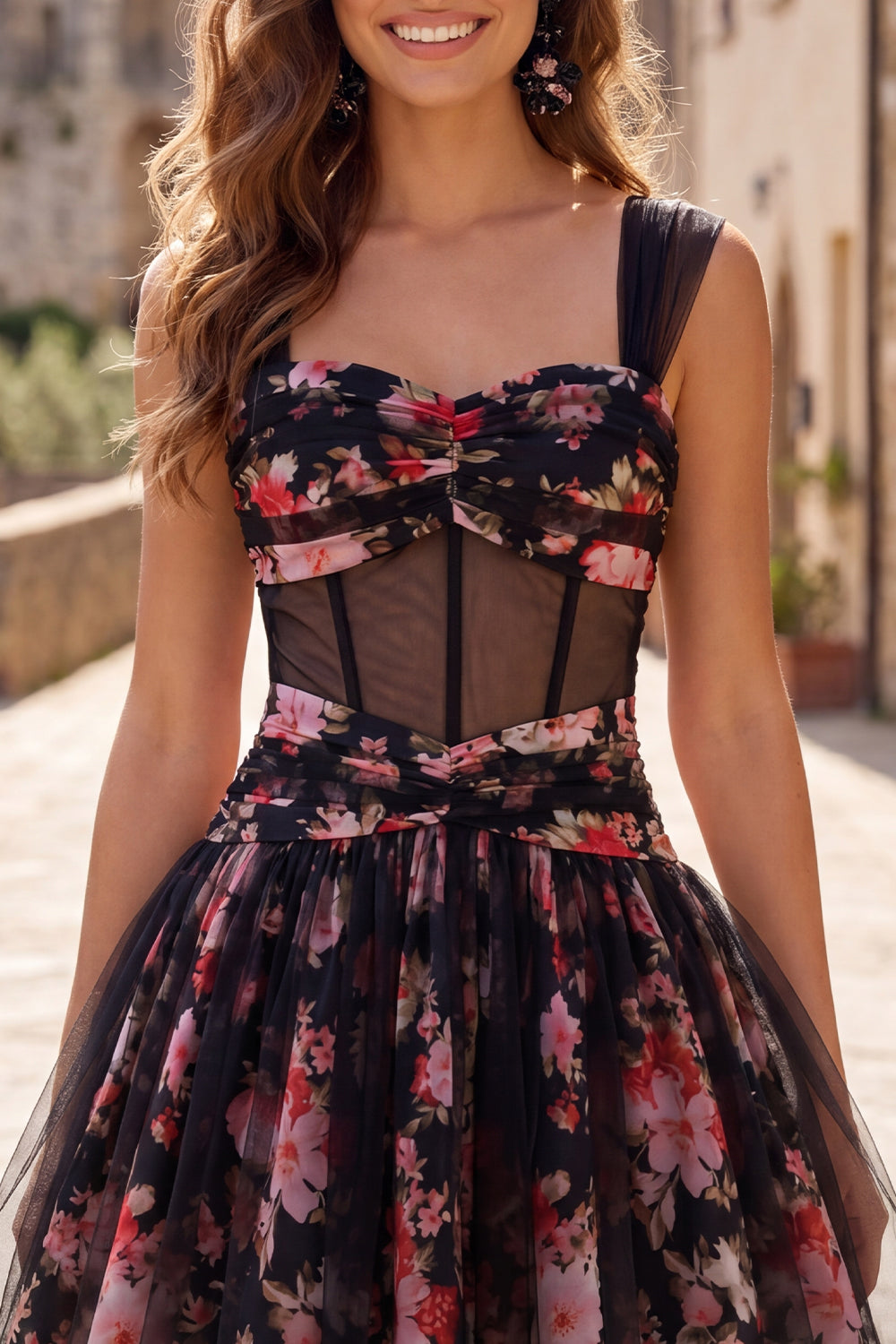 Black Pink Floral A-Line Ruched Short Corset Homecoming Dress