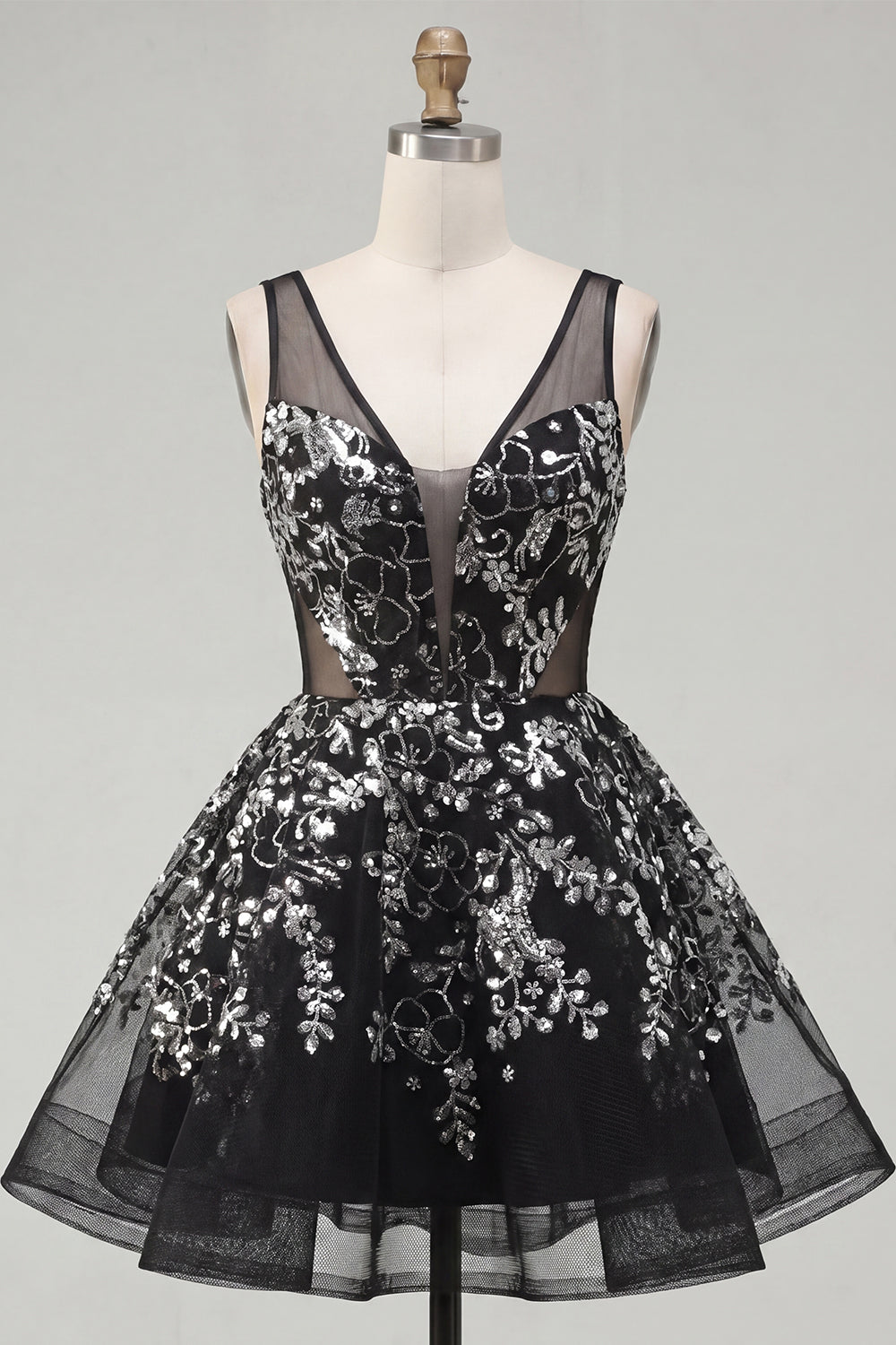 Floral Sparkly Black Sequin A Line Short Homecoming Dress