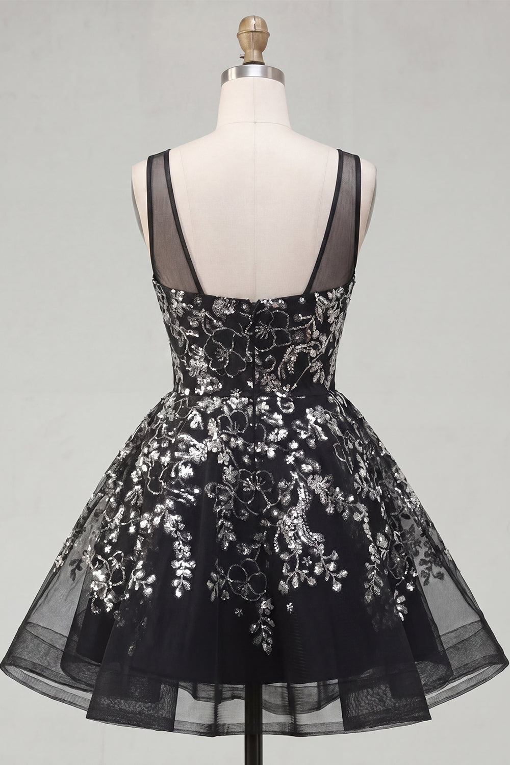 Floral Sparkly Black Sequin A Line Short Homecoming Dress
