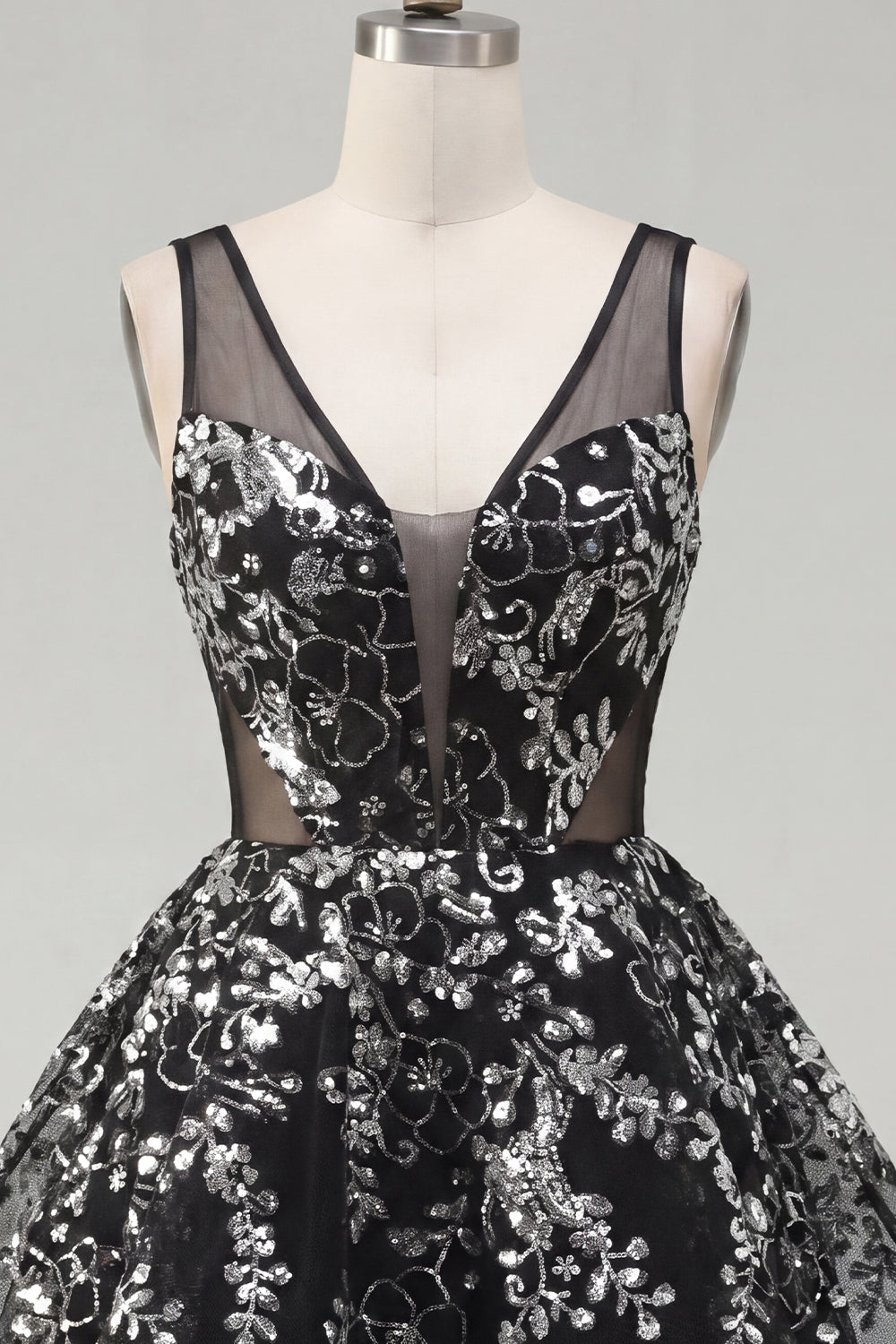 Floral Sparkly Black Sequin A Line Short Homecoming Dress