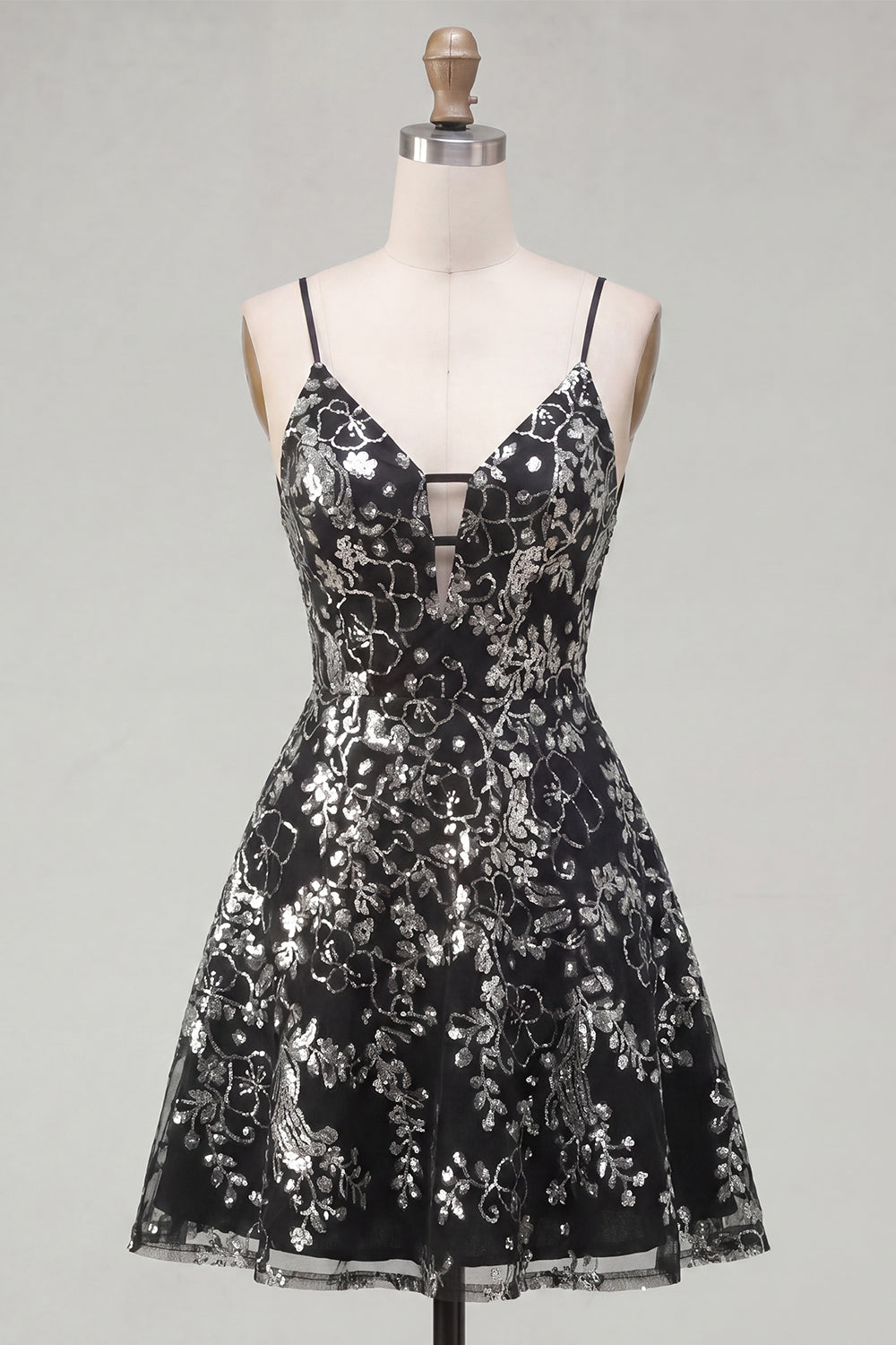 Sparkly Black Spaghetti Straps Floral Short Sequin A Line Homecoming Dress