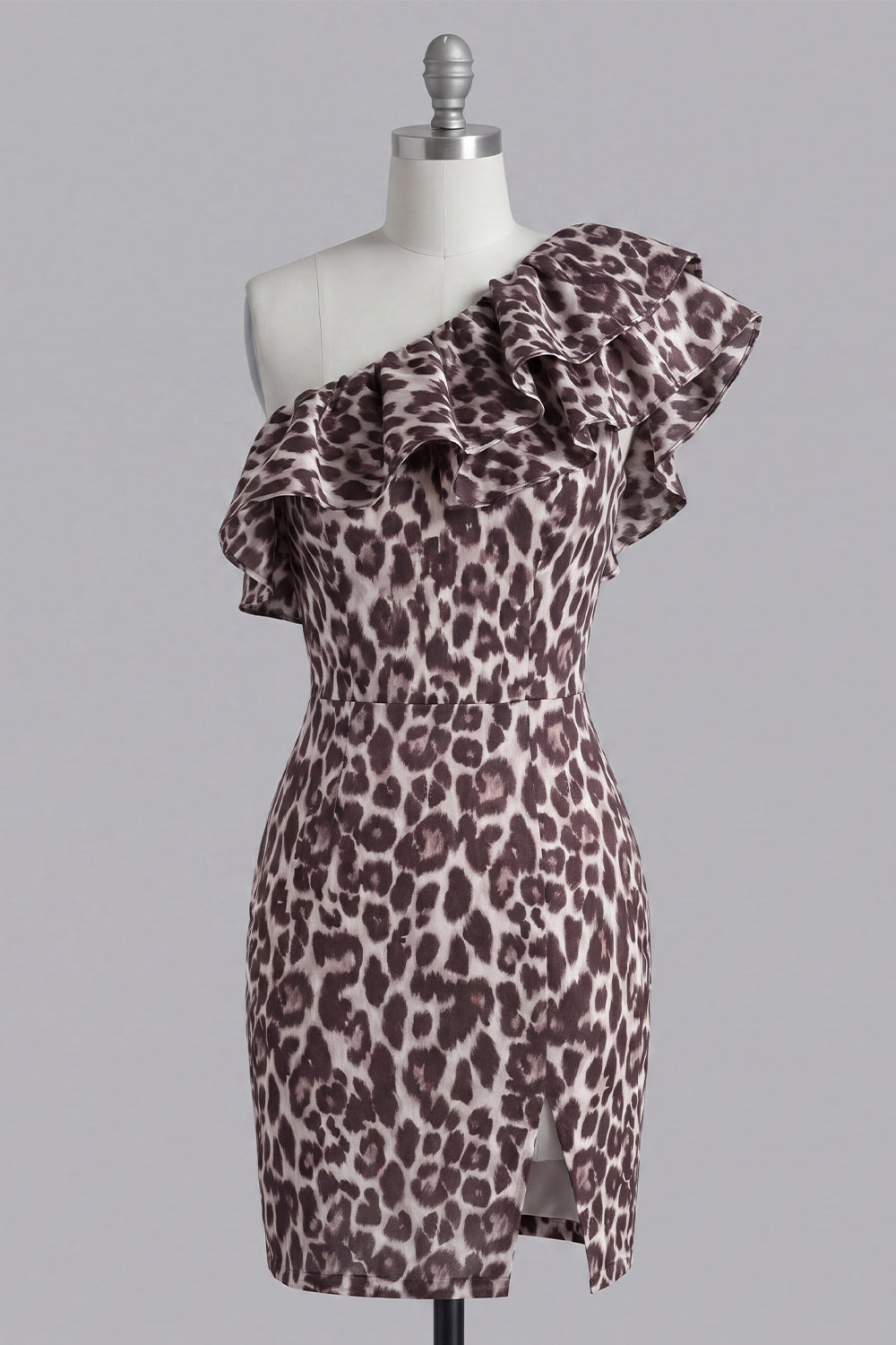 Robe courte de cocktail moulante fendue à volants et imprimé léopard, épaule dénudée, coloris café
