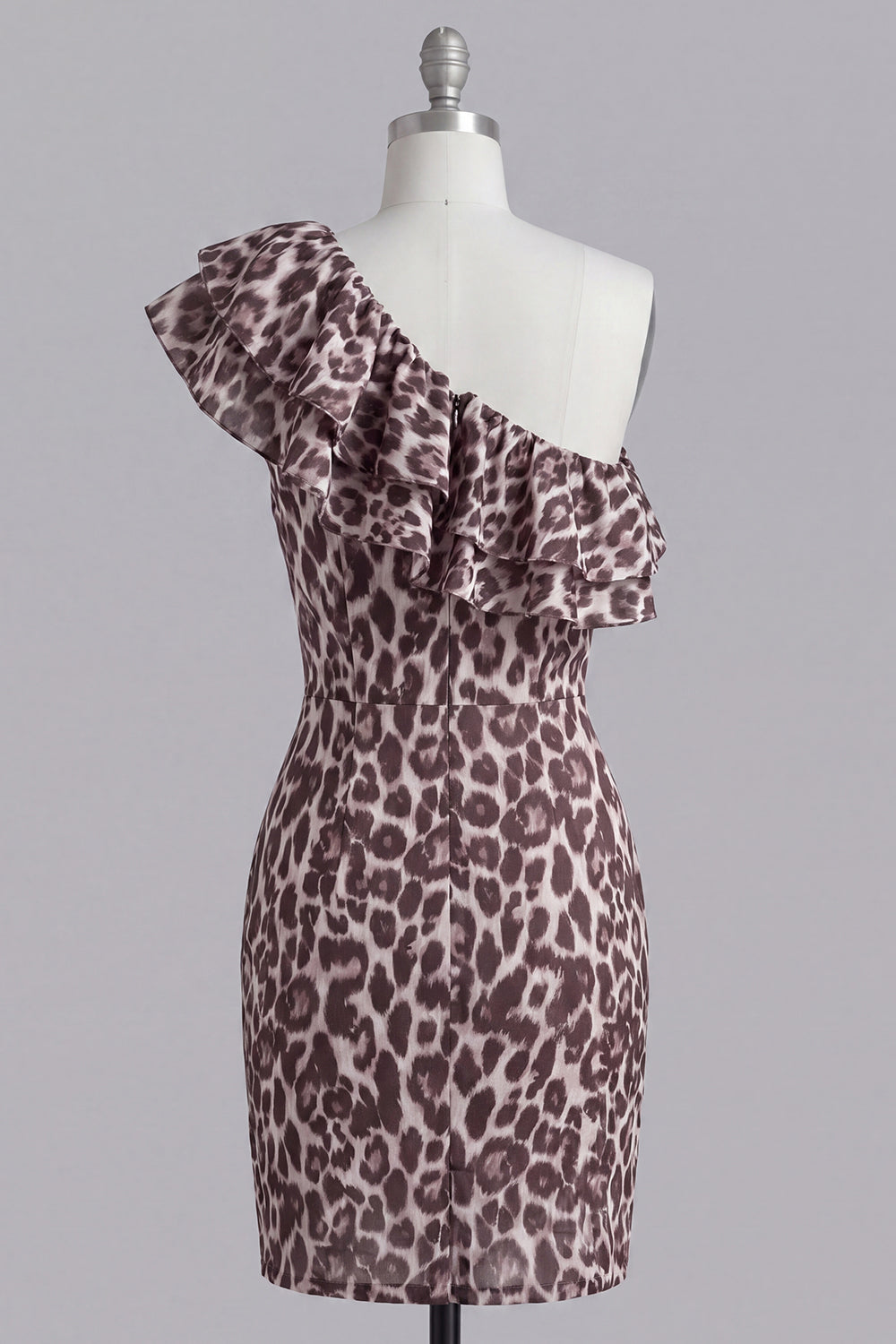 Robe courte de cocktail moulante fendue à volants et imprimé léopard, épaule dénudée, coloris café