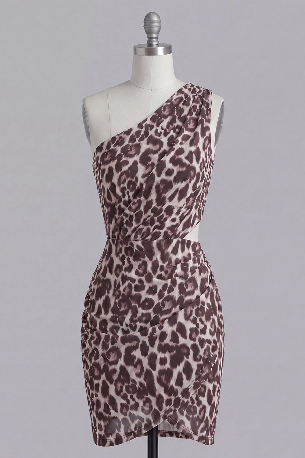 Coffee Leopard Print One Shoulder Cut Out Ruched Tight Short Homecoming Dress