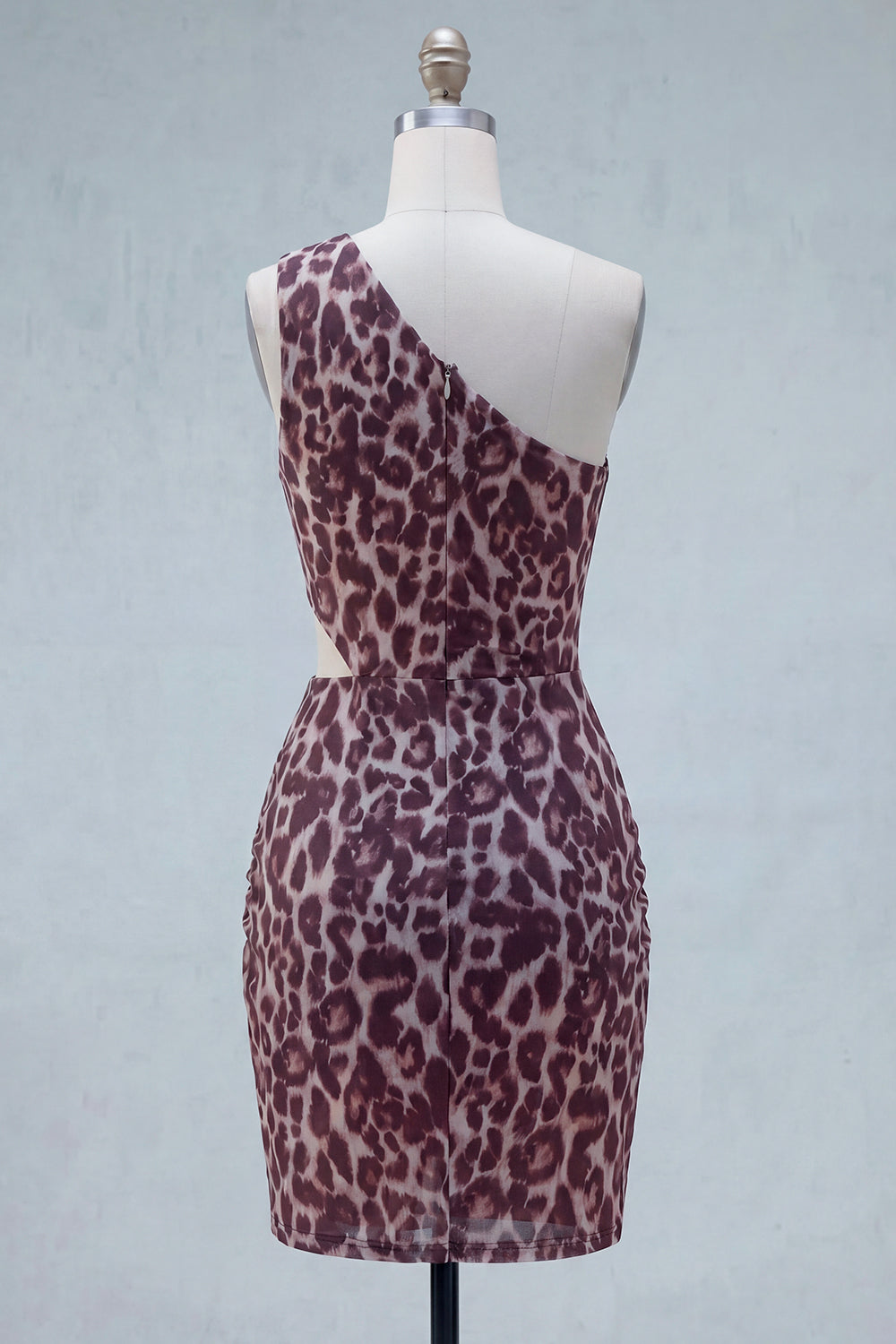 Coffee Leopard Print One Shoulder Cut Out Ruched Tight Short Homecoming Dress