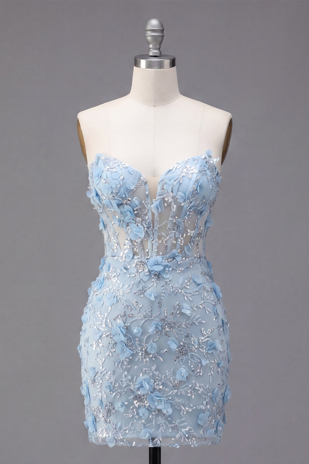 Floral Sparkly Blue Corset Tight Short Strapless Homecoming Dress with Beading
