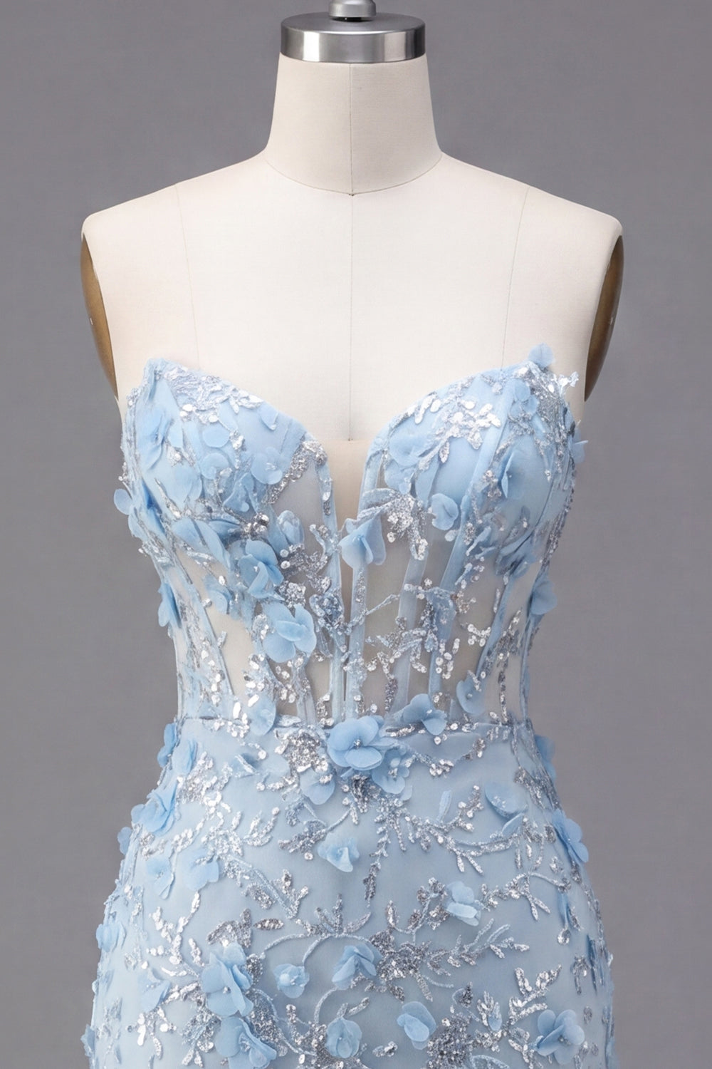 Floral Sparkly Blue Corset Tight Short Strapless Homecoming Dress with Beading