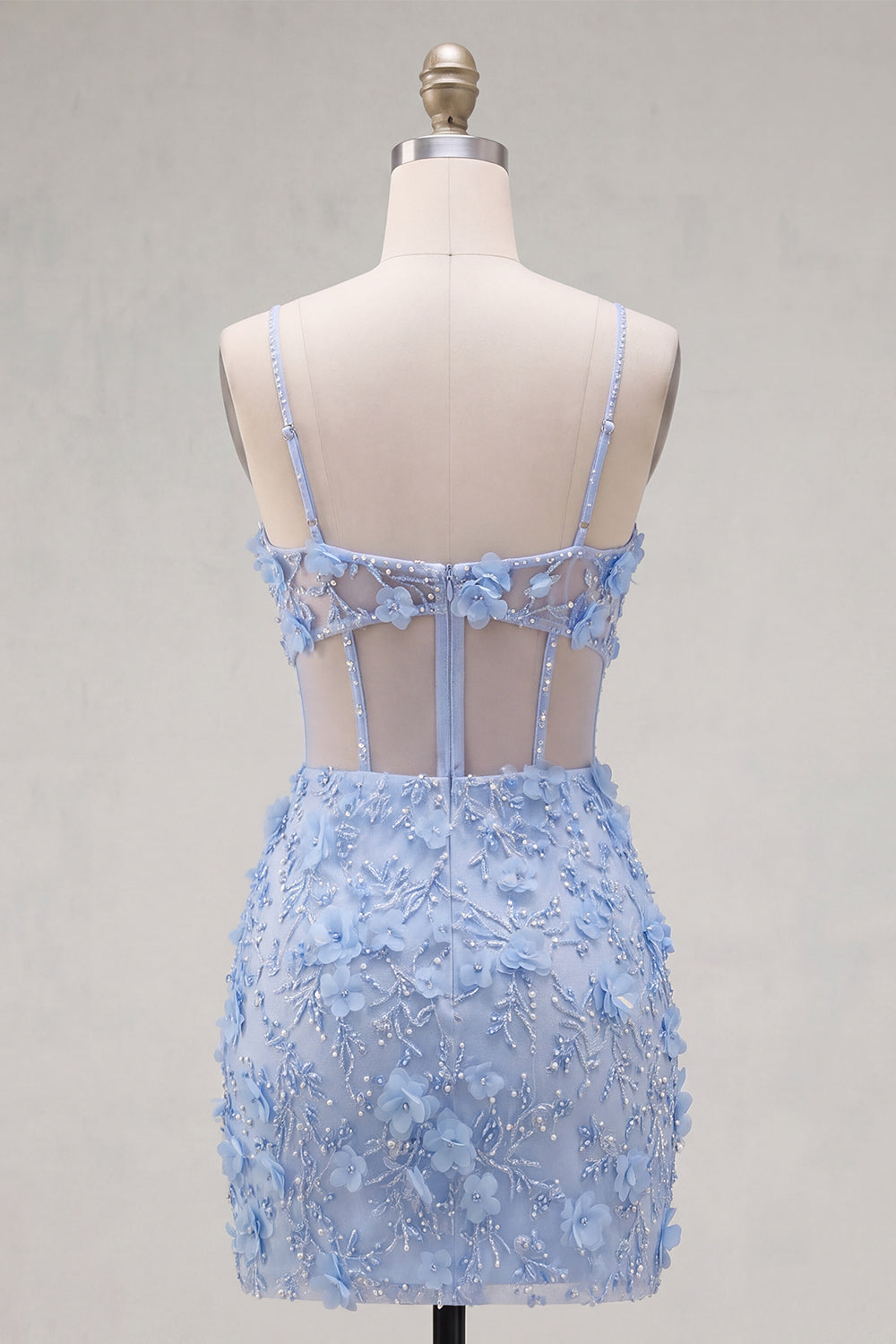 Floral Sparkly Blue Cut Out Tight Corset Short Beaded Homecoming Dress with Slit