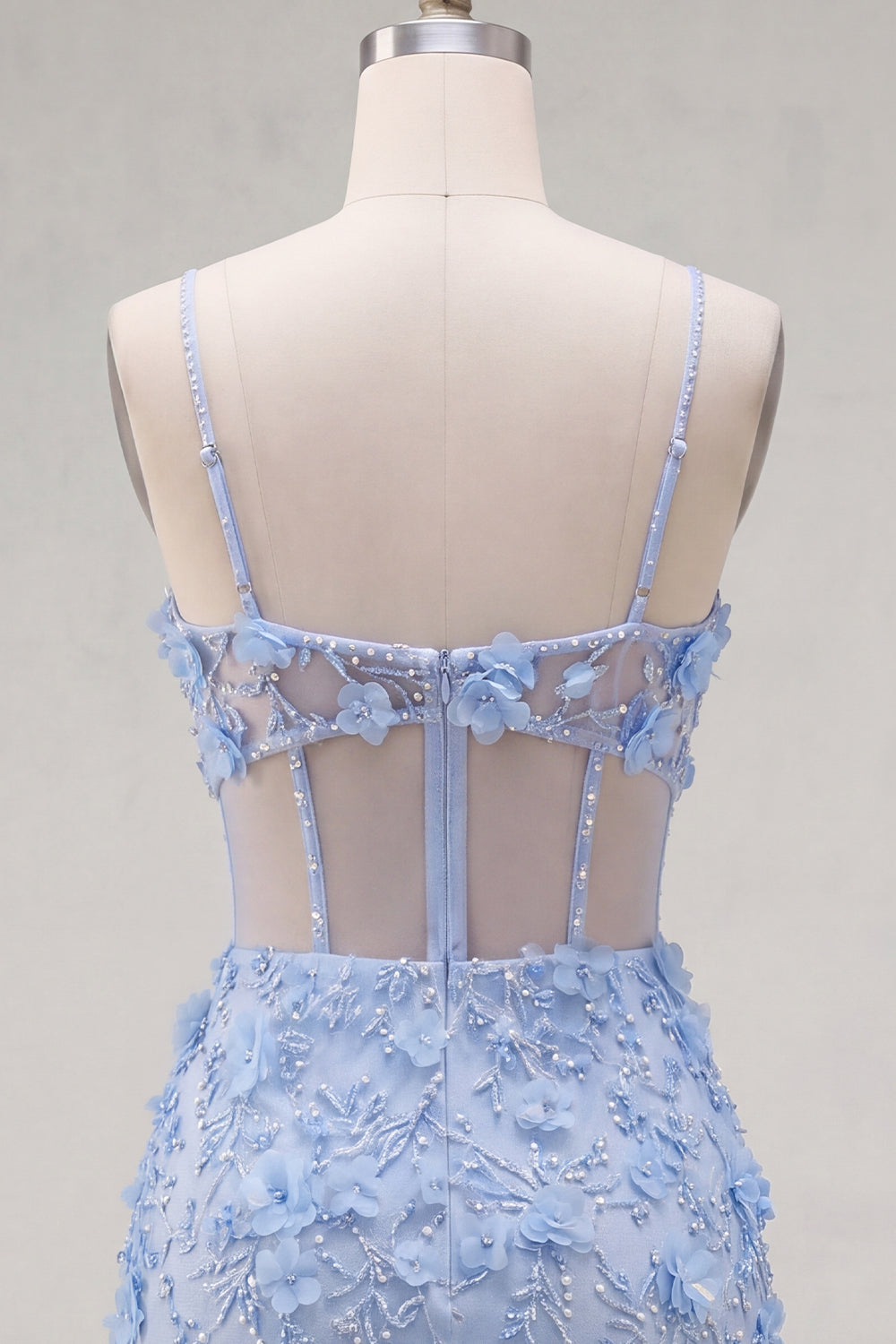 Floral Sparkly Blue Cut Out Tight Corset Short Beaded Homecoming Dress with Slit