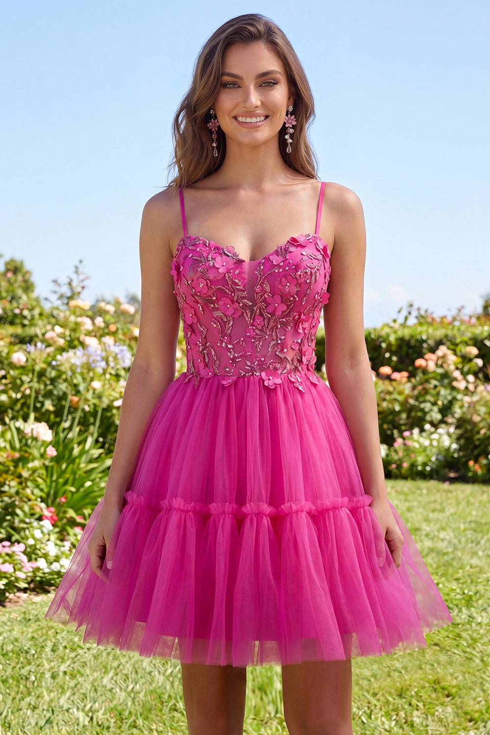 Sparkly Fuchsia A-Line Floral Beaded Short Corset Spaghetti Straps Homecoming Dress