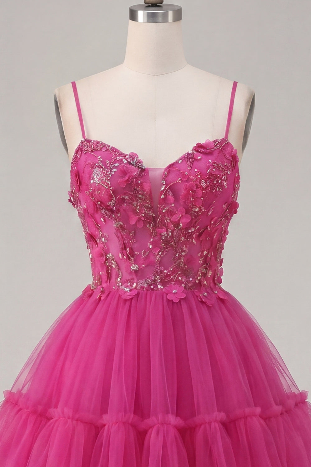 Sparkly Fuchsia A-Line Floral Beaded Short Corset Spaghetti Straps Homecoming Dress