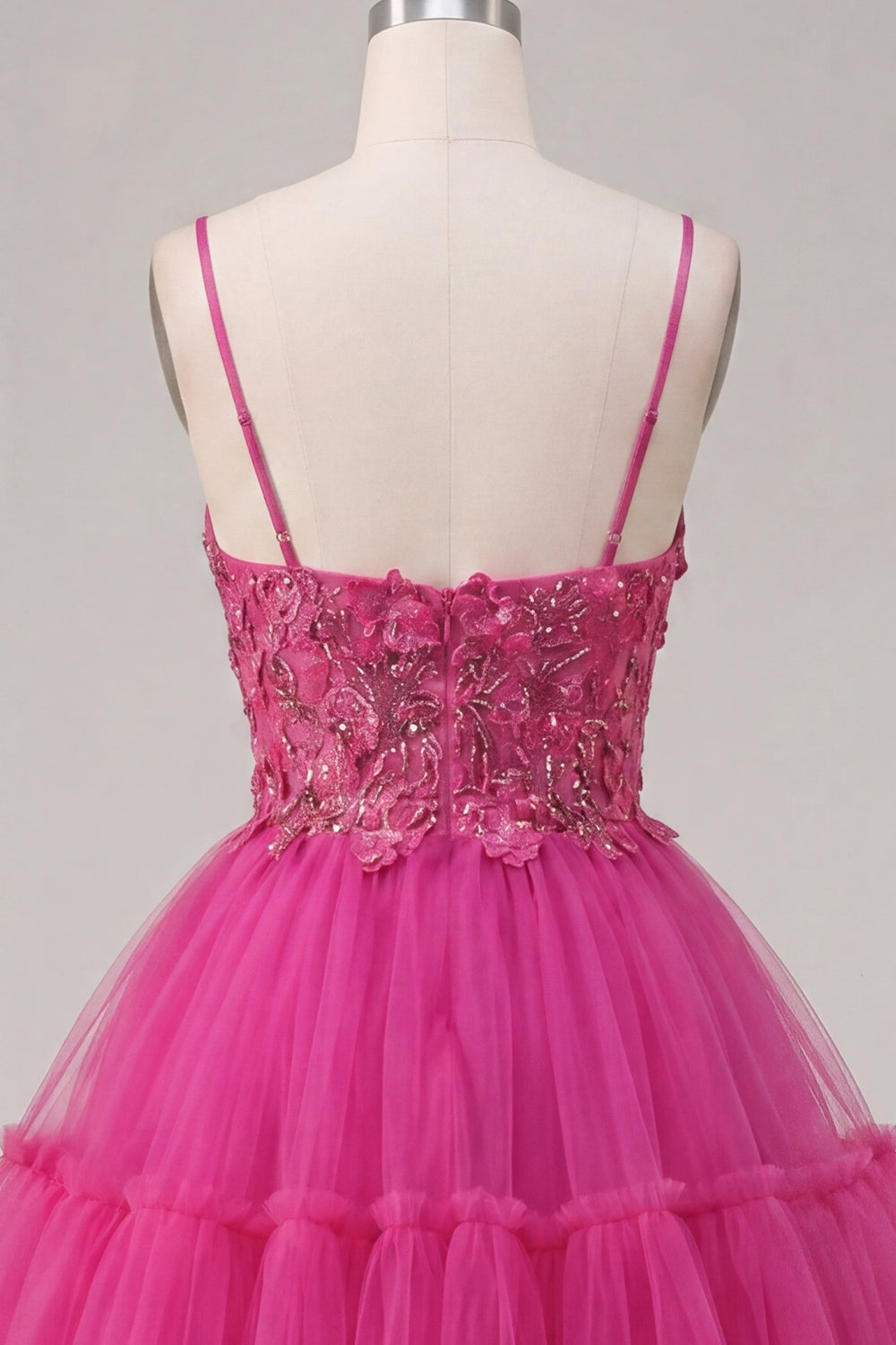 Sparkly Fuchsia A-Line Floral Beaded Short Corset Spaghetti Straps Homecoming Dress