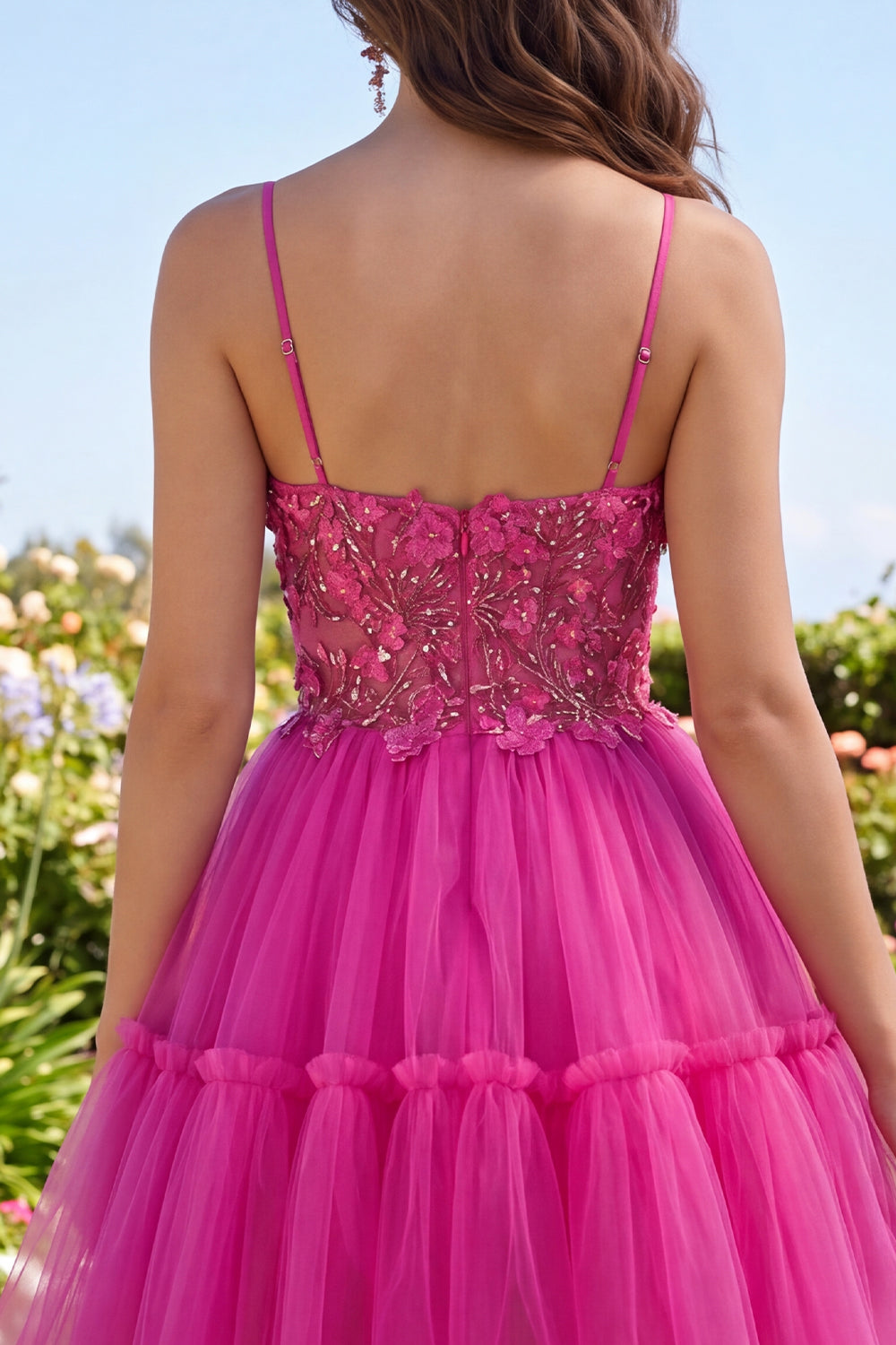 Sparkly Fuchsia A-Line Floral Beaded Short Corset Spaghetti Straps Homecoming Dress