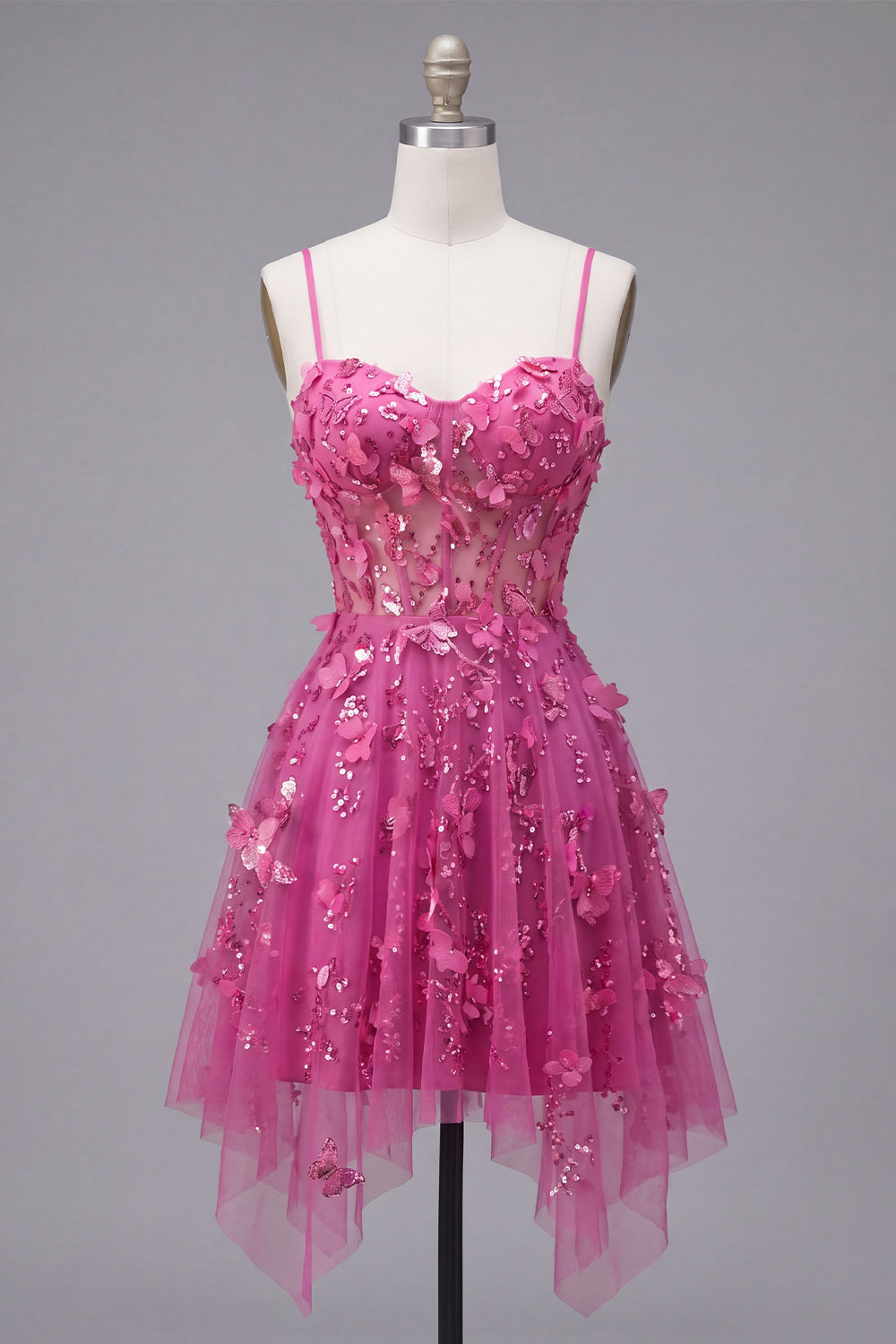 A-Line Sparkly Fuchsia Beaded Short Corset Floral Homecoming Dress