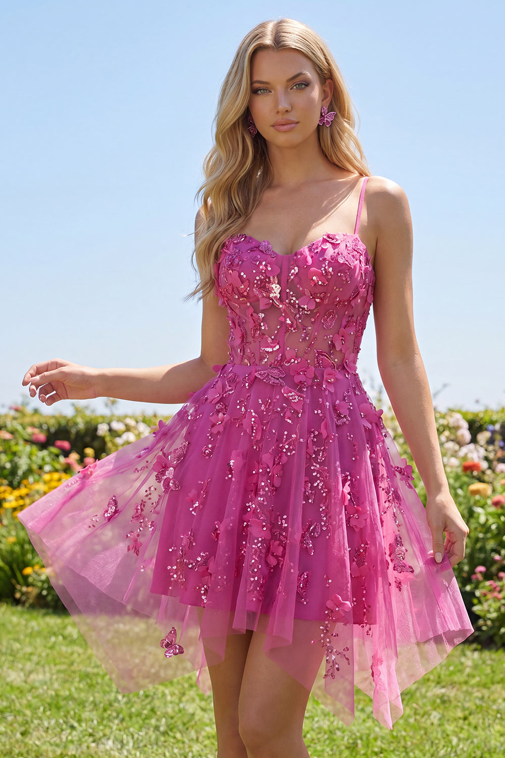 A-Line Sparkly Fuchsia Beaded Short Corset Floral Homecoming Dress