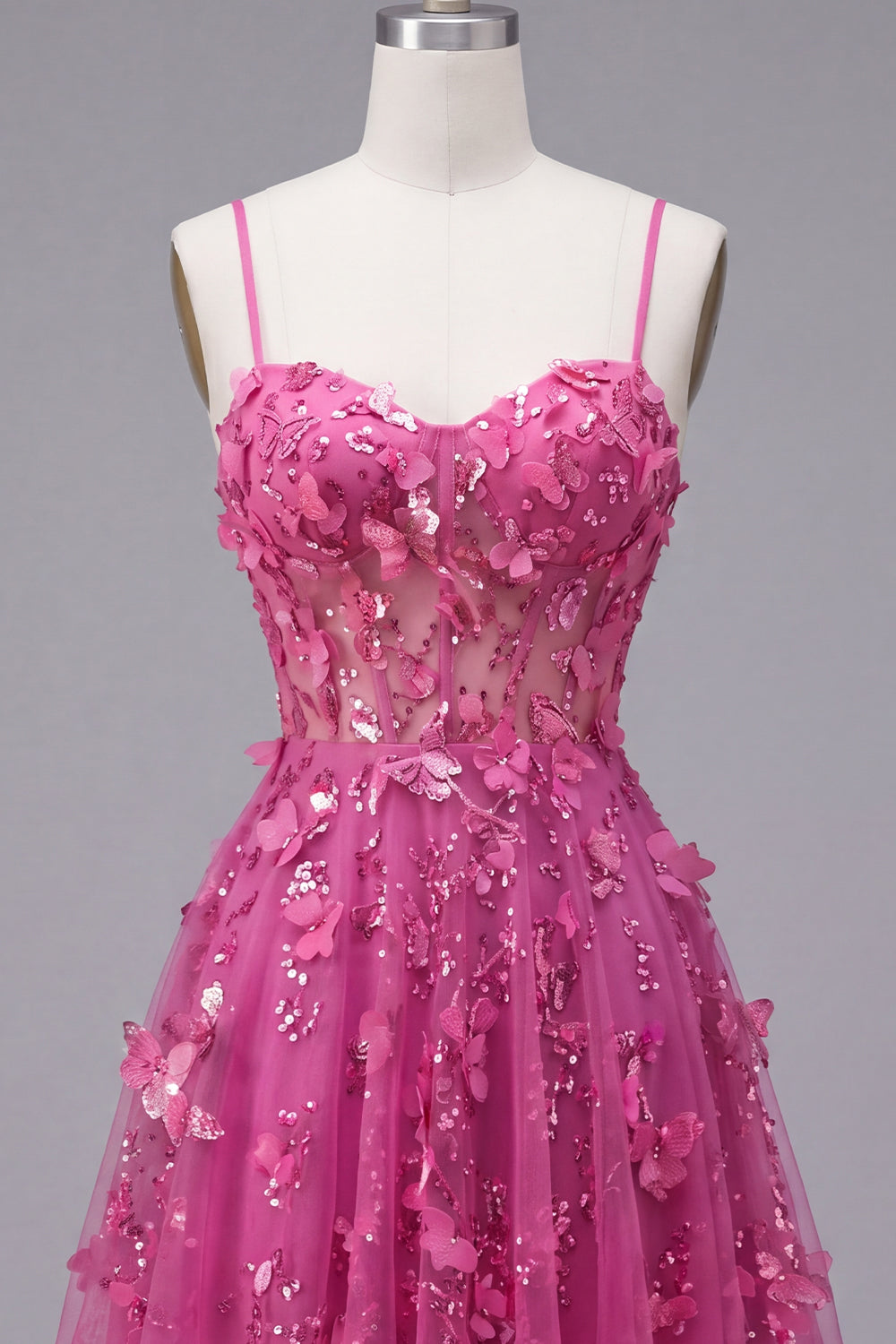 A-Line Sparkly Fuchsia Beaded Short Corset Floral Homecoming Dress