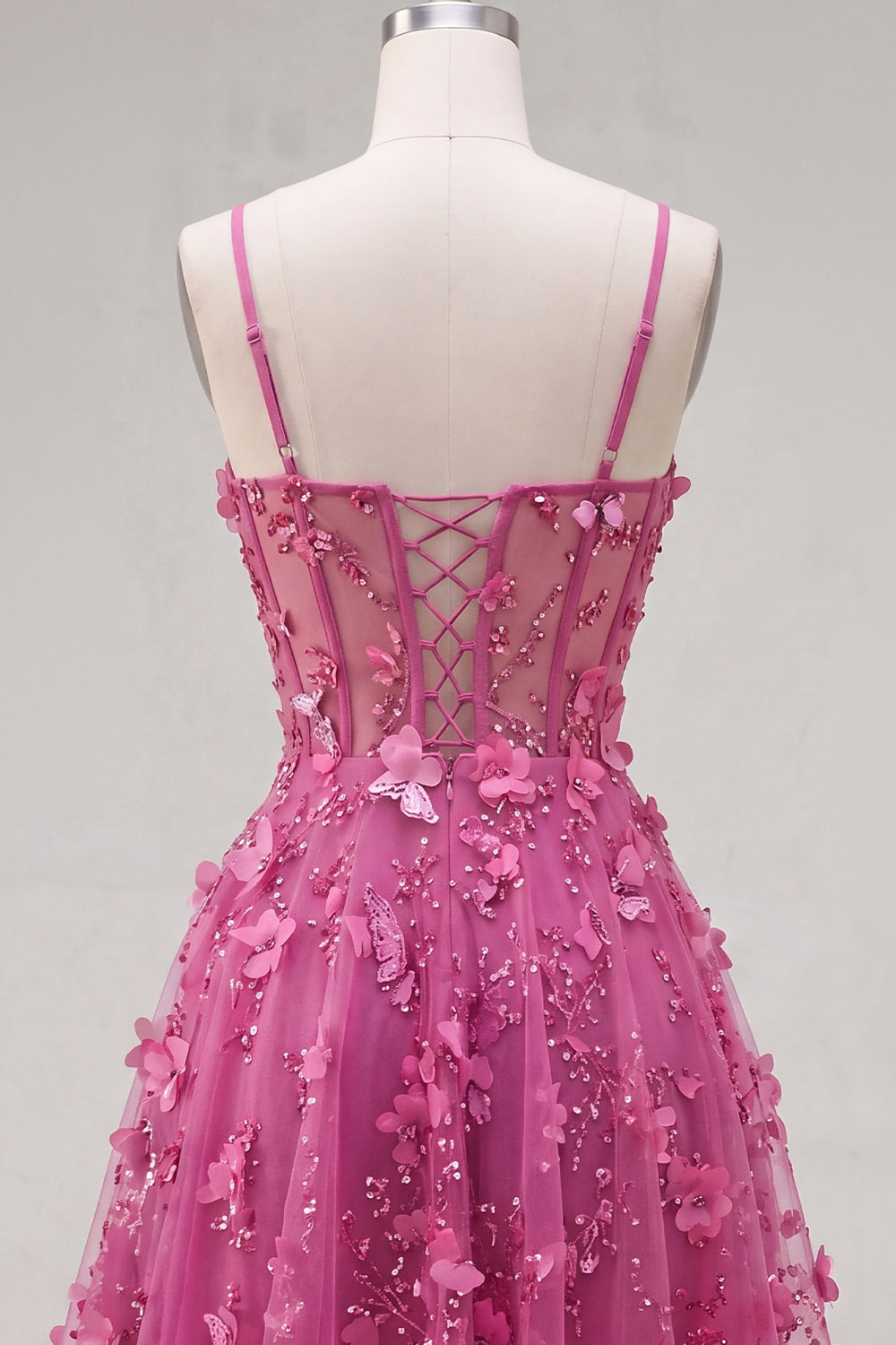 A-Line Sparkly Fuchsia Beaded Short Corset Floral Homecoming Dress
