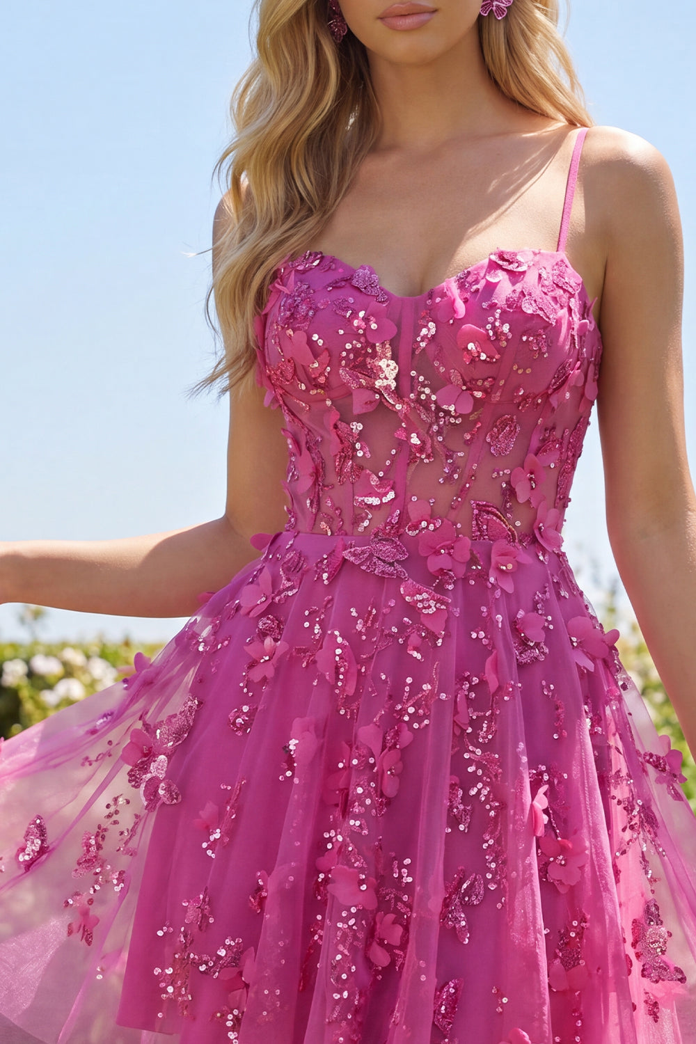 A-Line Sparkly Fuchsia Beaded Short Corset Floral Homecoming Dress