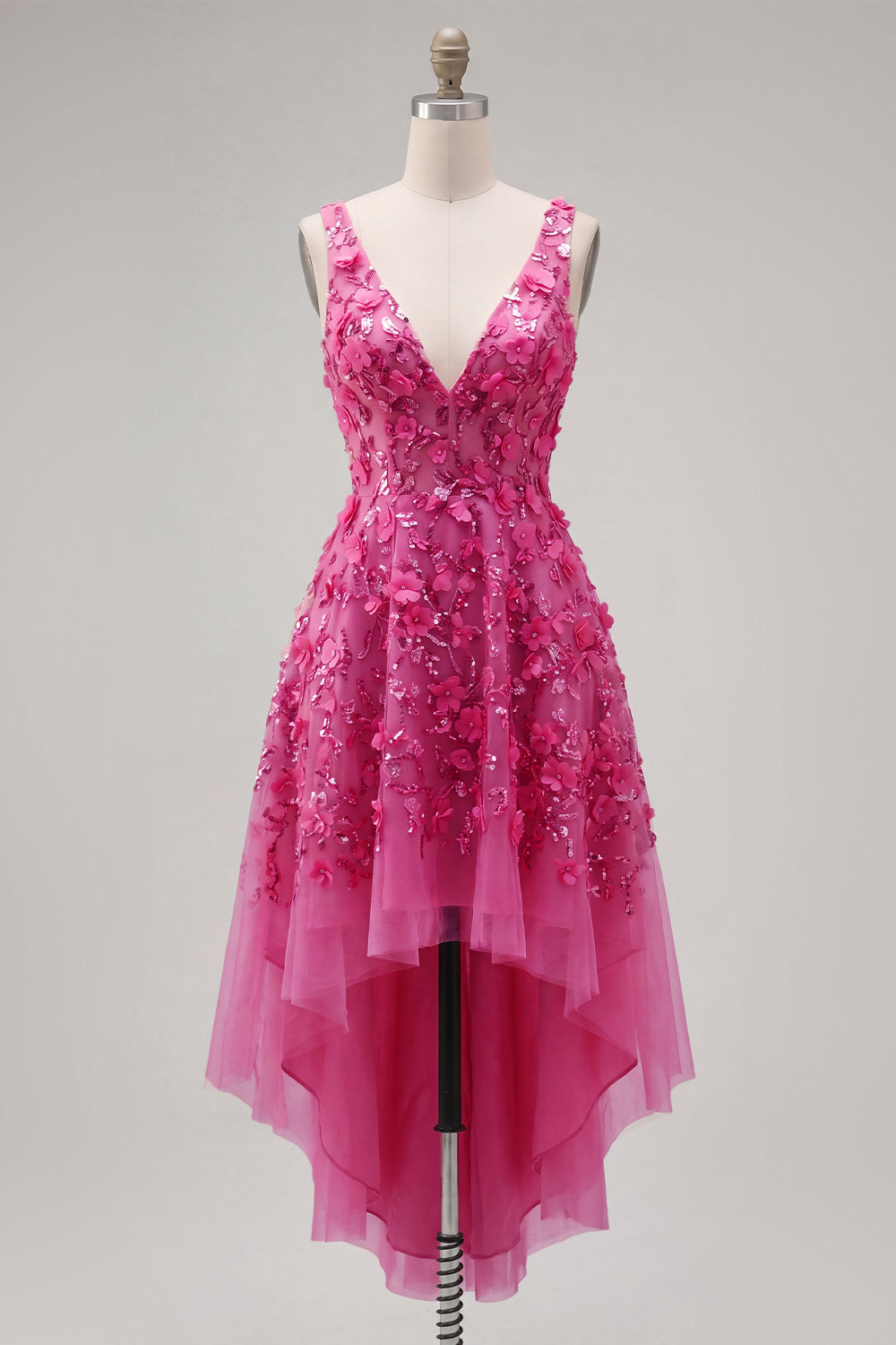 Sparkly Fuchsia Floral Beaded High-Low A-Line Homecoming Dress