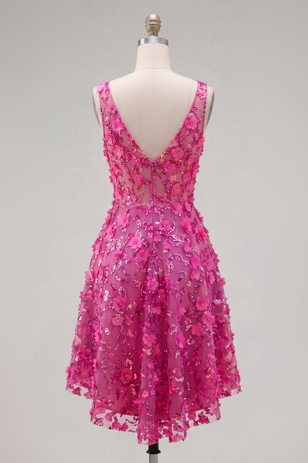 Sparkly Fuchsia Floral Beaded High-Low A-Line Homecoming Dress