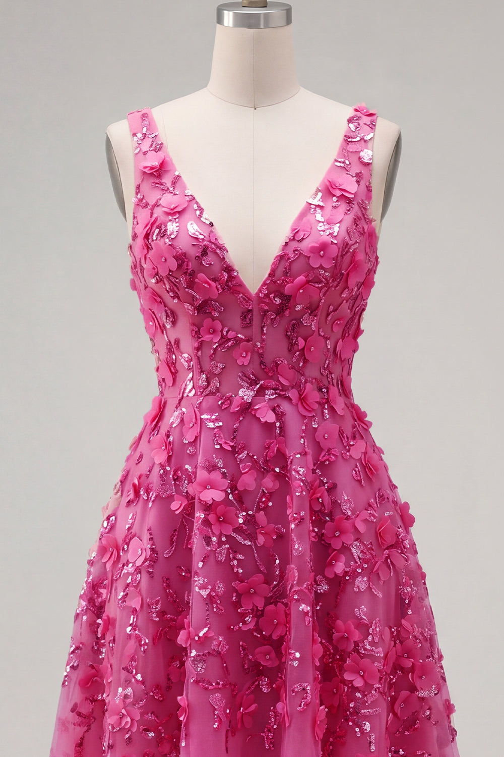 Sparkly Fuchsia Floral Beaded High-Low A-Line Homecoming Dress