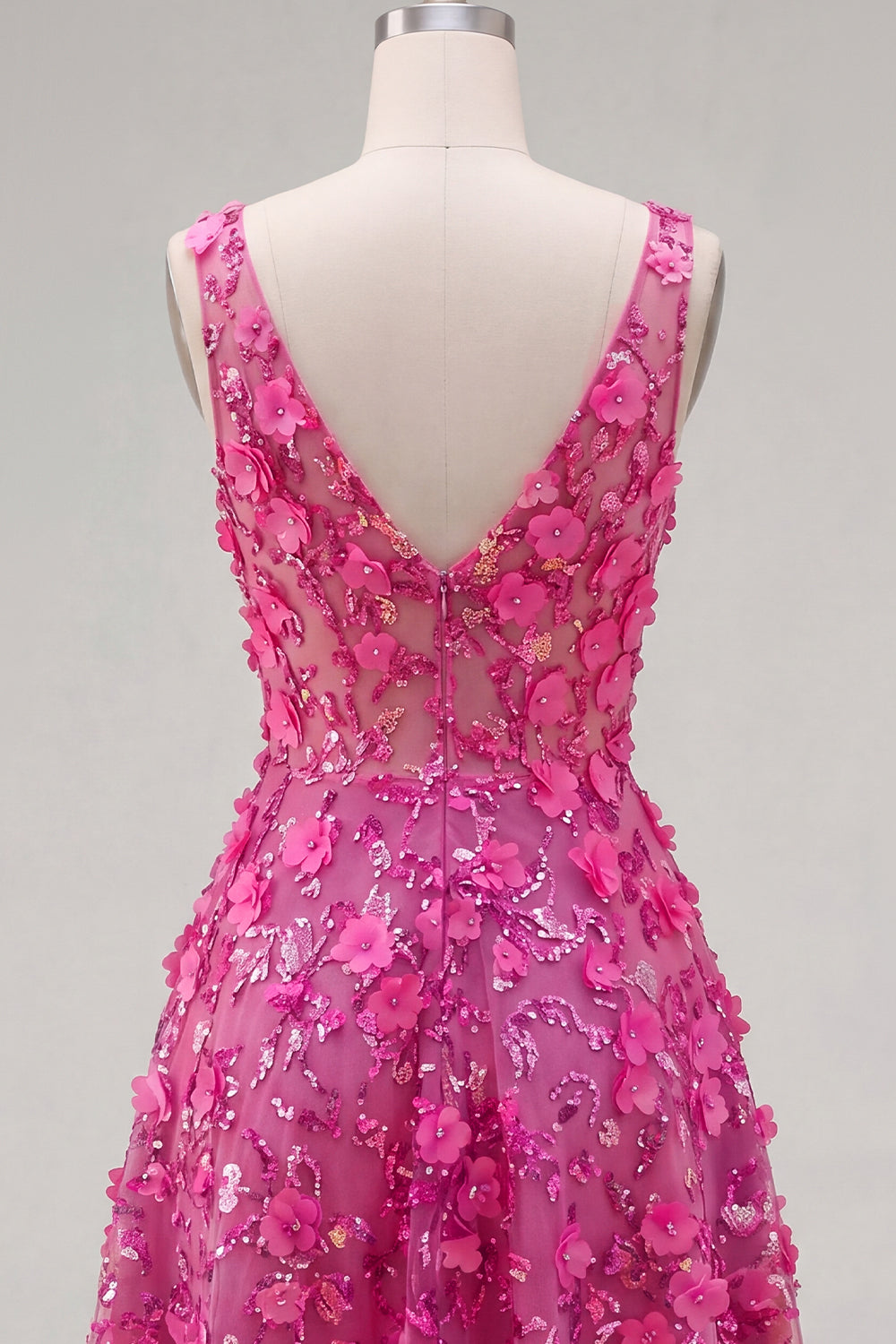 Sparkly Fuchsia Floral Beaded High-Low A-Line Homecoming Dress
