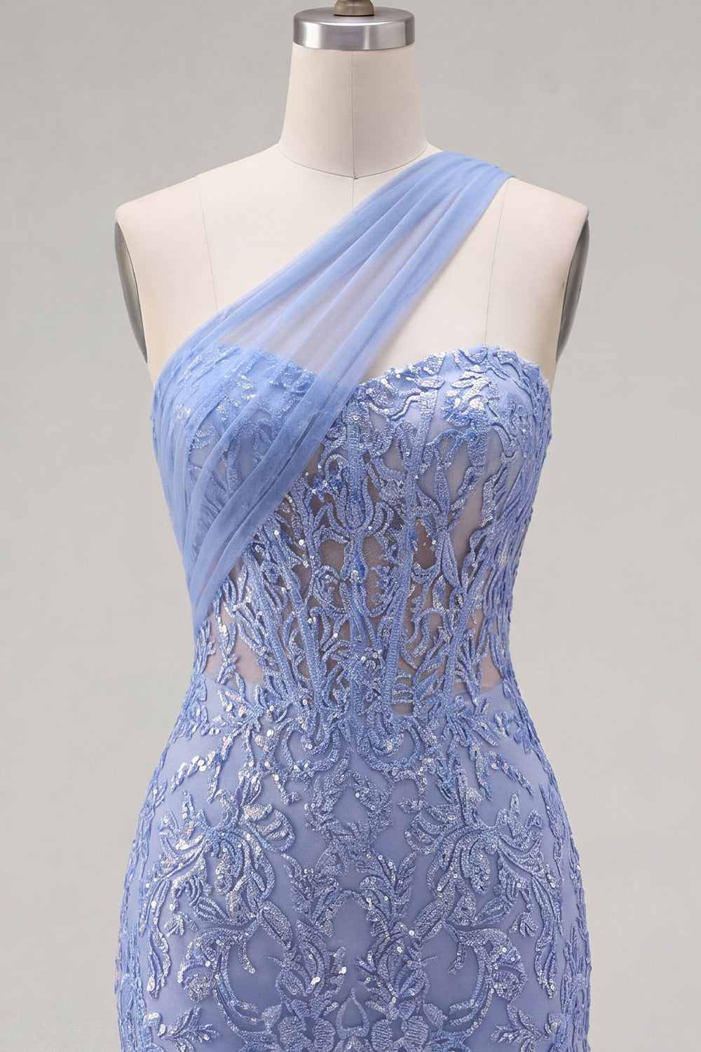 Sparkly Grey Blue Corset One Shoulder Tight Short Lace Homecoming Dress