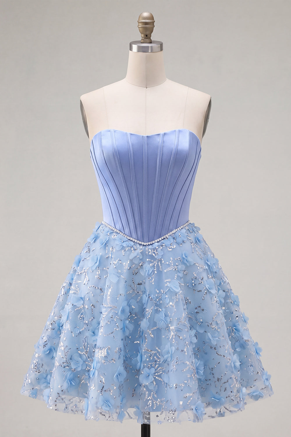 Sparkly Blue A-Line Strapless Beaded Floral Short Corset Homecoming Dress